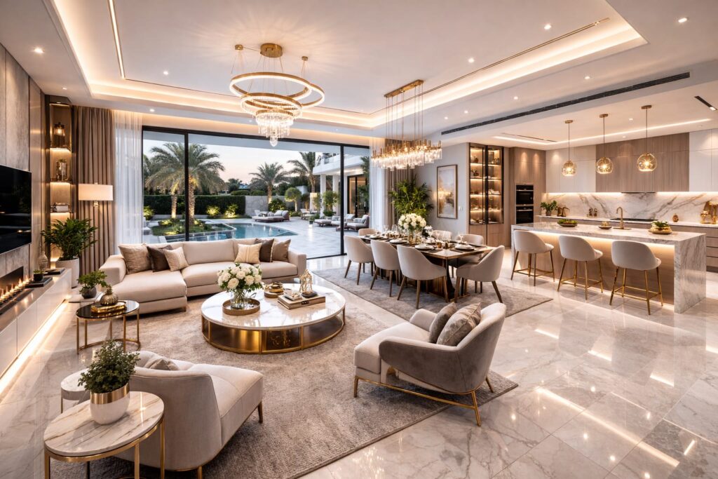 Open concept living dining kitchen in Dubai luxury villa