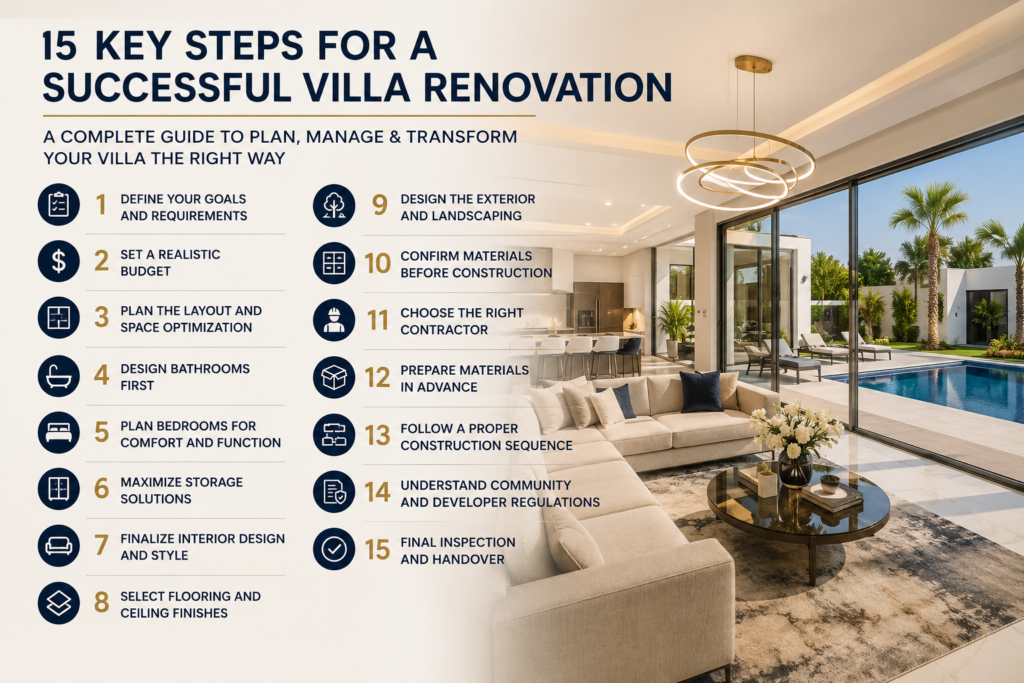 Luxury villa renovation in Dubai showing the 15 essential steps from planning and design to construction and final handover.