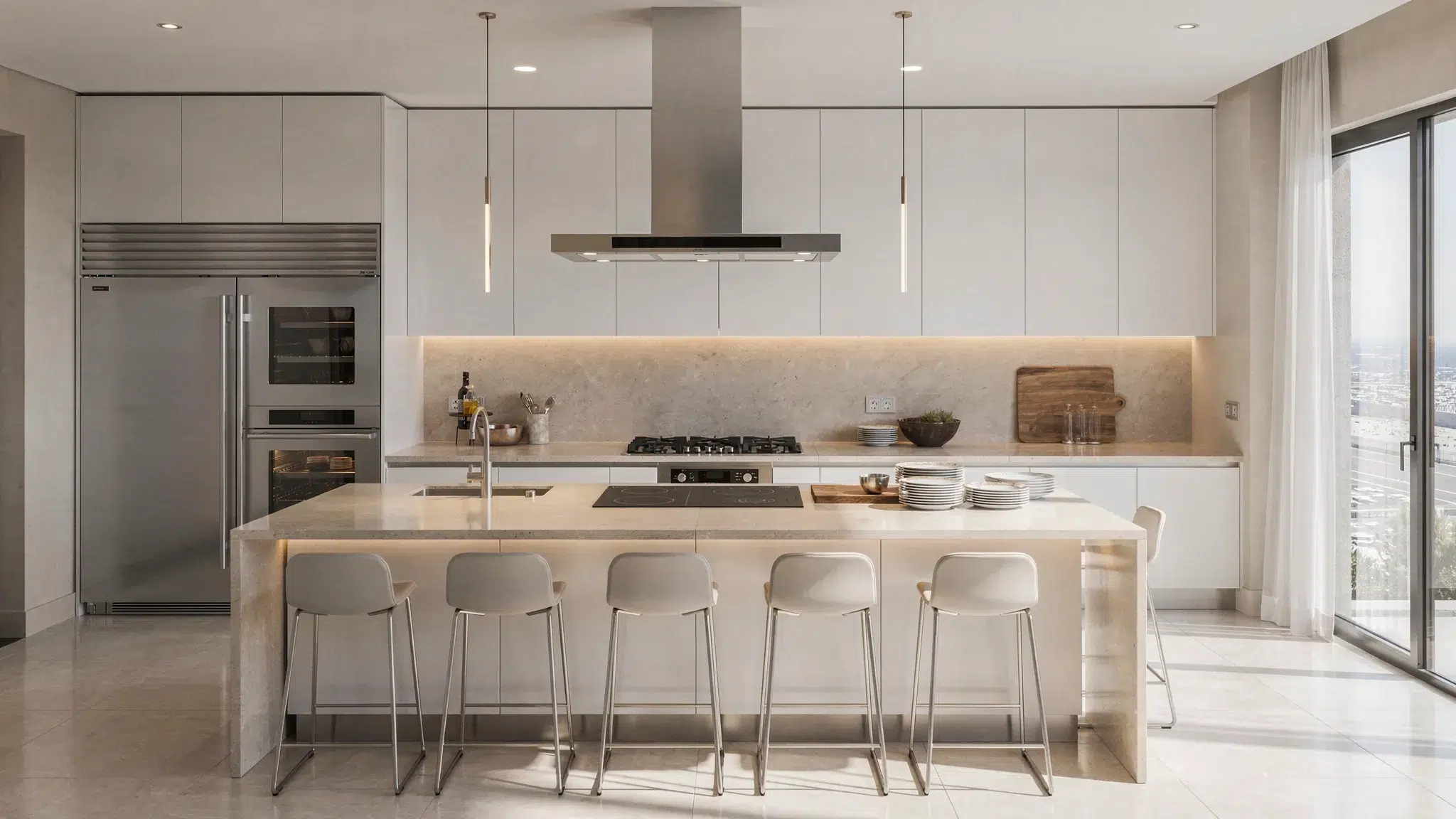 A bright modern kitchen in a Dubai home with an efficient island layout, built-in storage, warm lighting, and clear work zones for cooking, prep, and serving.
