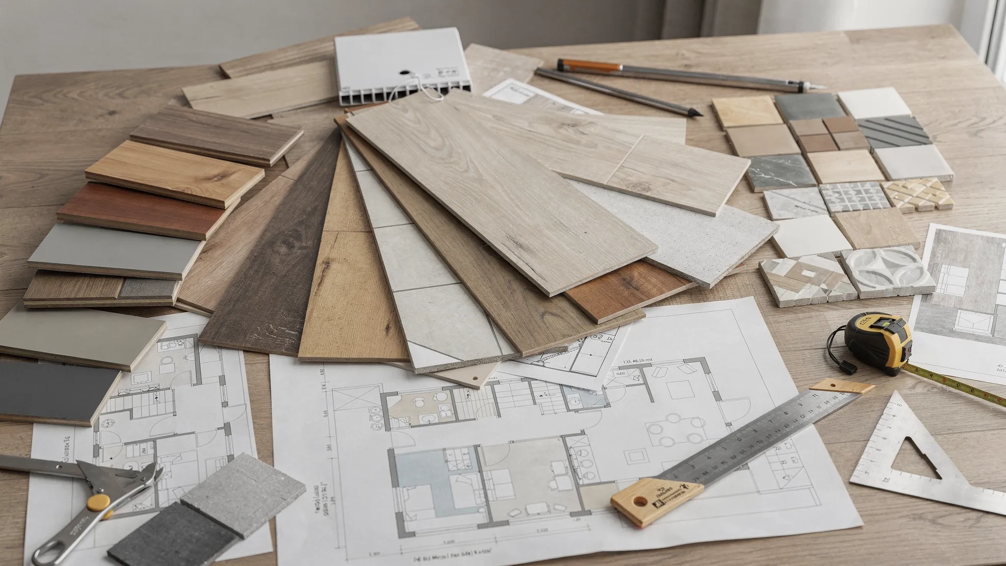 A close-up view of a renovation planning table with flooring samples, paint swatches, cabinet finishes, tile pieces, measuring tools, and printed room layouts arranged neatly for a full home renovation project.