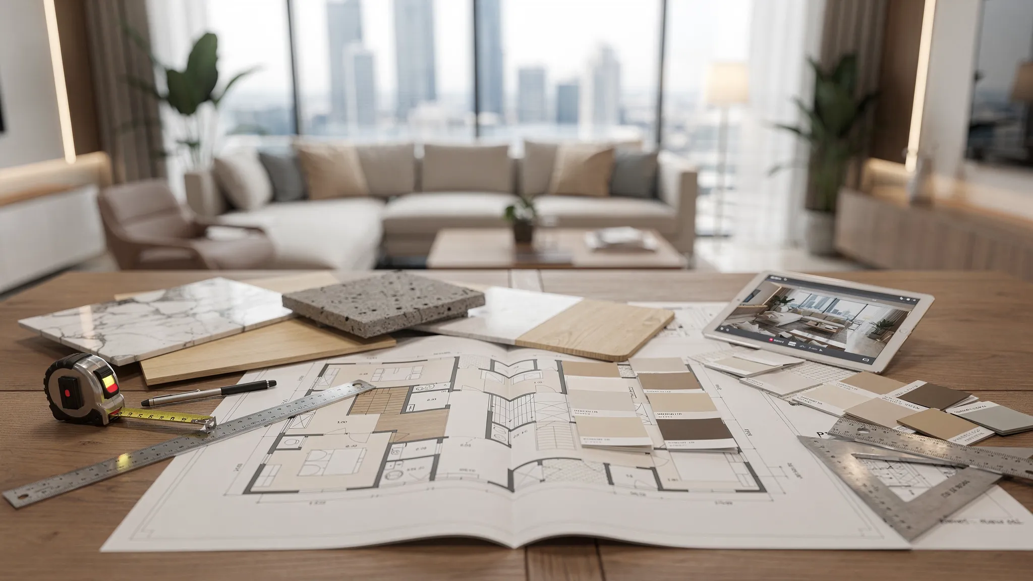 A Dubai home renovation planning scene with floor plans, material samples, paint swatches, measuring tools, and a modern living room concept in the background.
