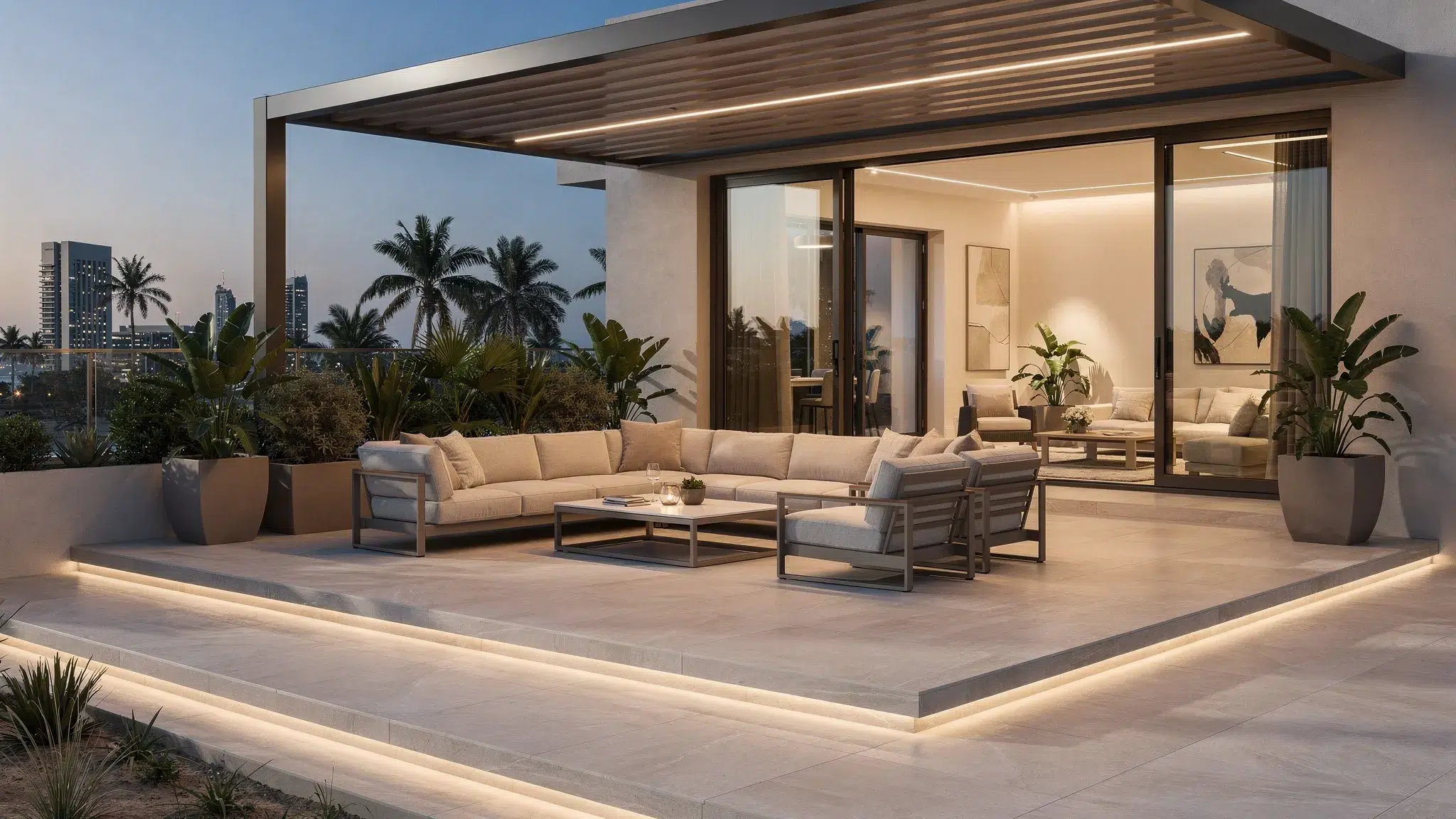 A Dubai villa terrace with shaded seating, exterior lighting, durable outdoor flooring, planters, and a smooth indoor-outdoor connection from the living room.