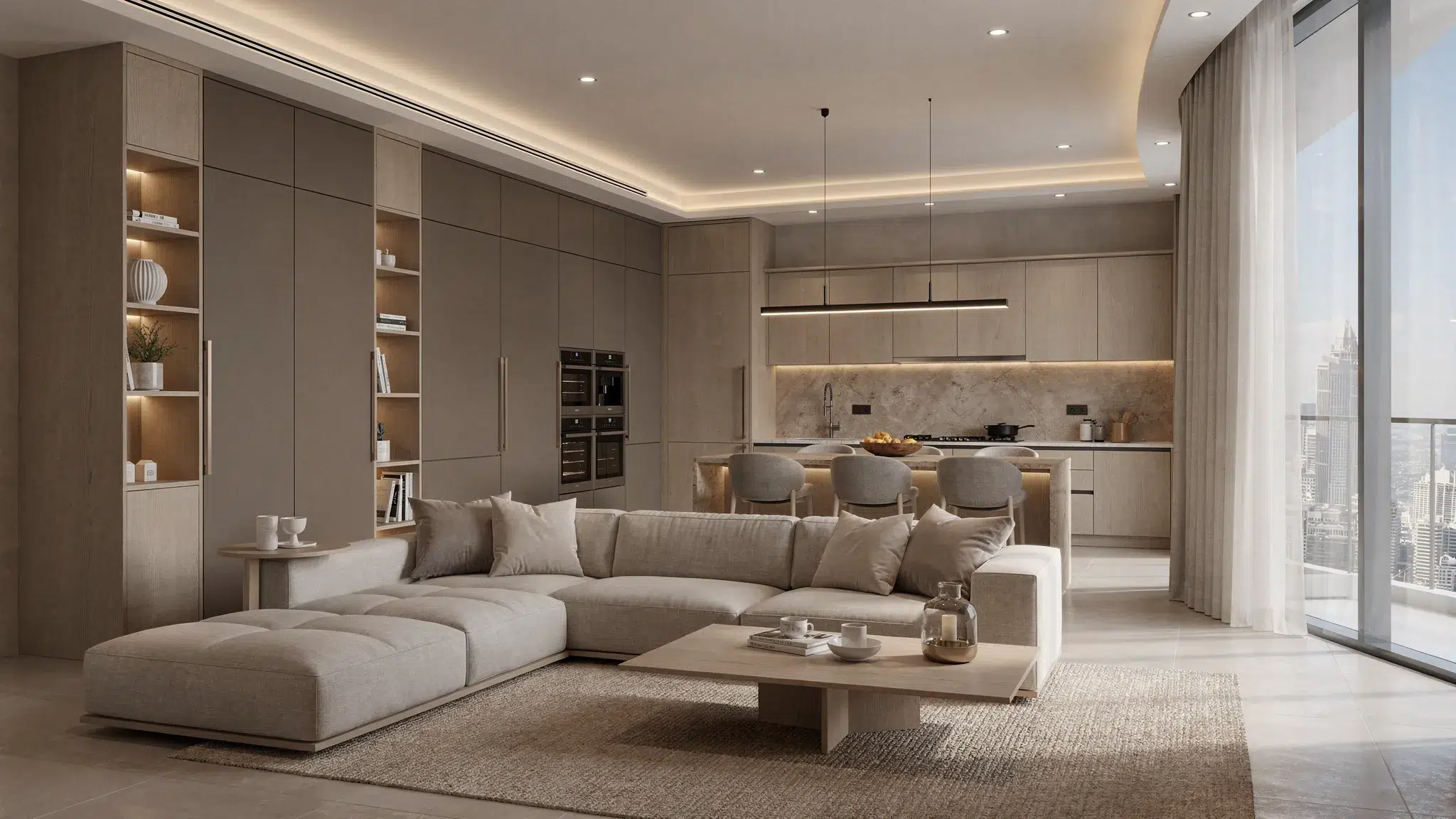 A modern Dubai apartment living area with upgraded lighting, built-in storage, warm neutral finishes, and an open view toward a renovated kitchen.