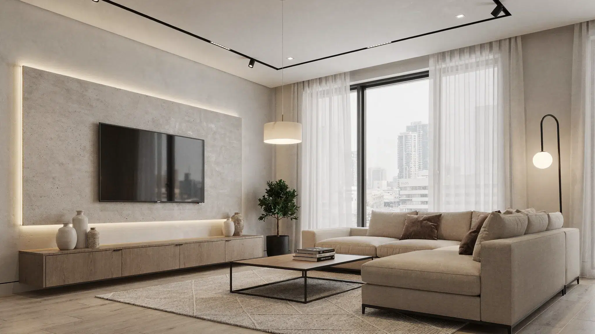 A modern Dubai apartment living room with warm neutral walls, layered lighting, a textured TV feature wall, built-in storage, and simple premium finishes in beige, wood, and matte black accents.
