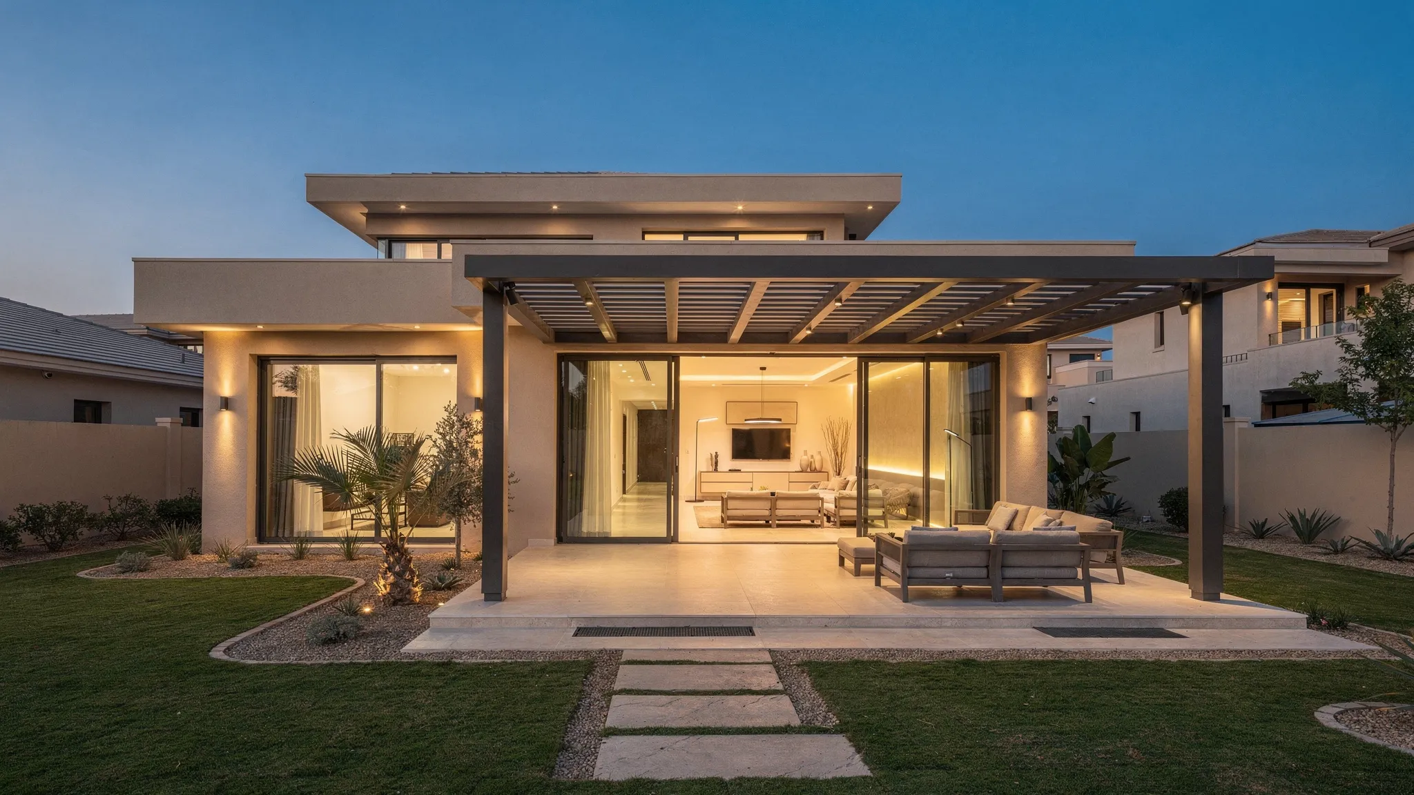 A modern Dubai villa with a seamless rear home addition, large glass doors, shaded outdoor area, warm interior lighting, and a clean transition between existing architecture and the new living space.