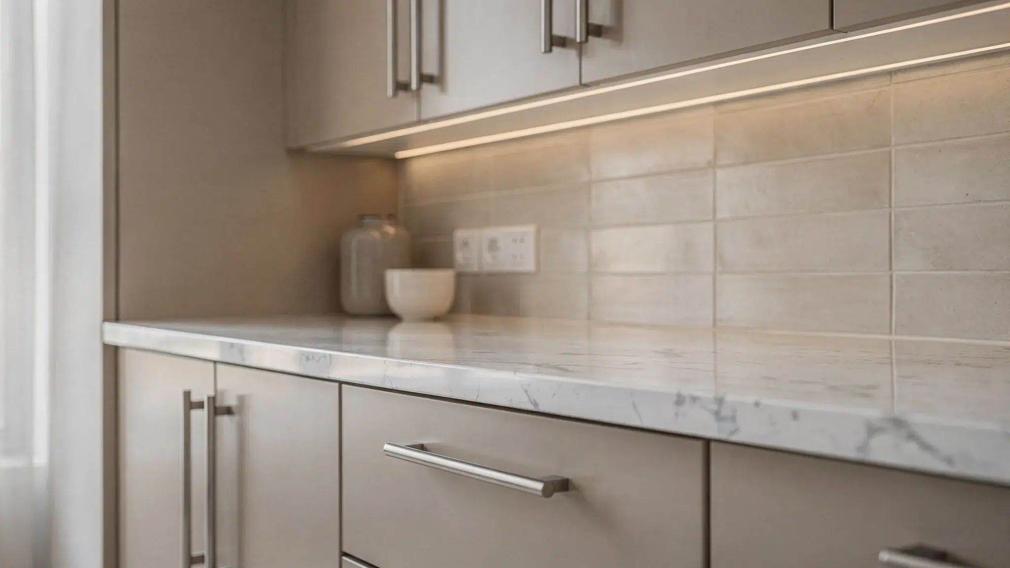 Close-up of a modern budget kitchen renovation in a Dubai apartment showing warm neutral cabinet doors, a stone-look countertop with a neat edge, under-cabinet lighting, brushed metal handles, and a clean tile backsplash.