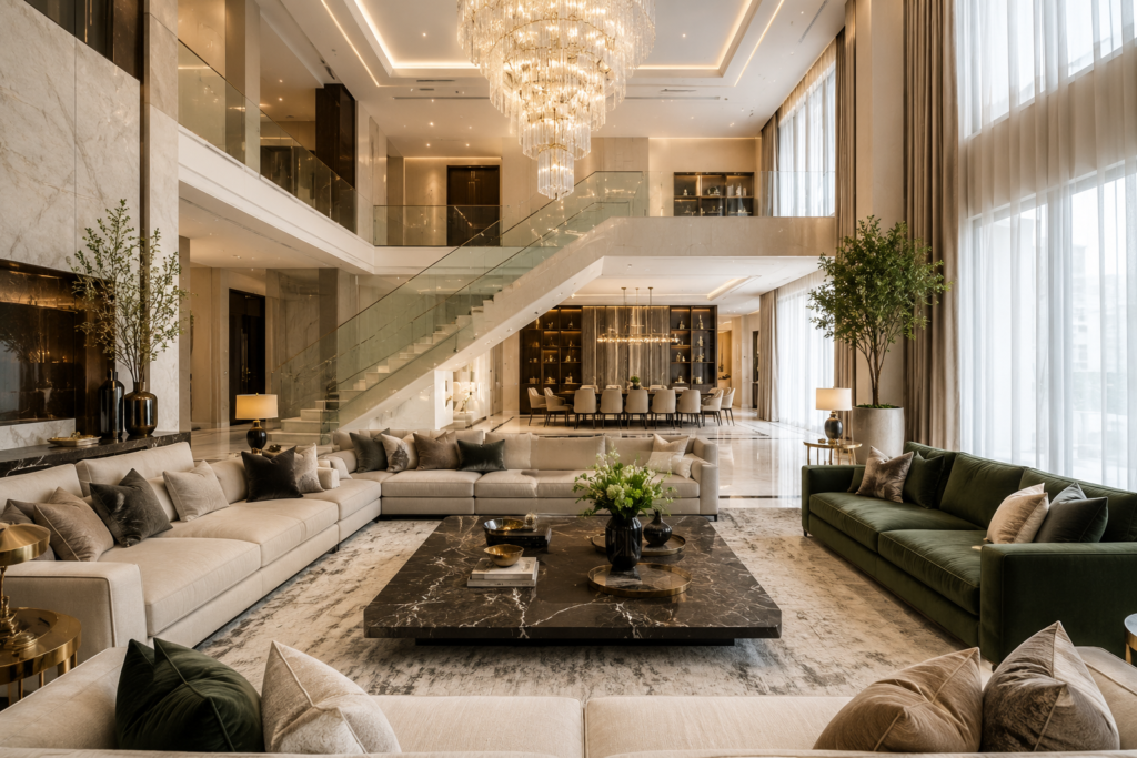 Ultra luxury villa interior in Dubai featuring a double-height living room, modern staircase, marble flooring, designer chandelier, and premium furniture.