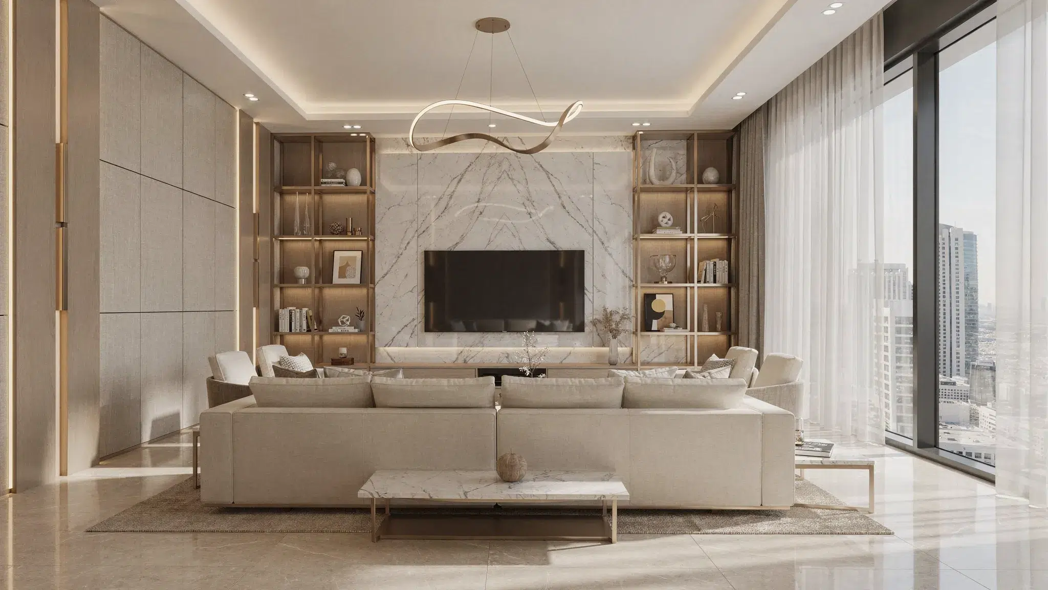 Modern luxury Dubai living room in a warm neutral palette, eye-level medium view showing elegant wall finishes, built-in shelving, large windows flooding light, layered lighting, marble accents, and premium flooring that emphasize layout and finishes.