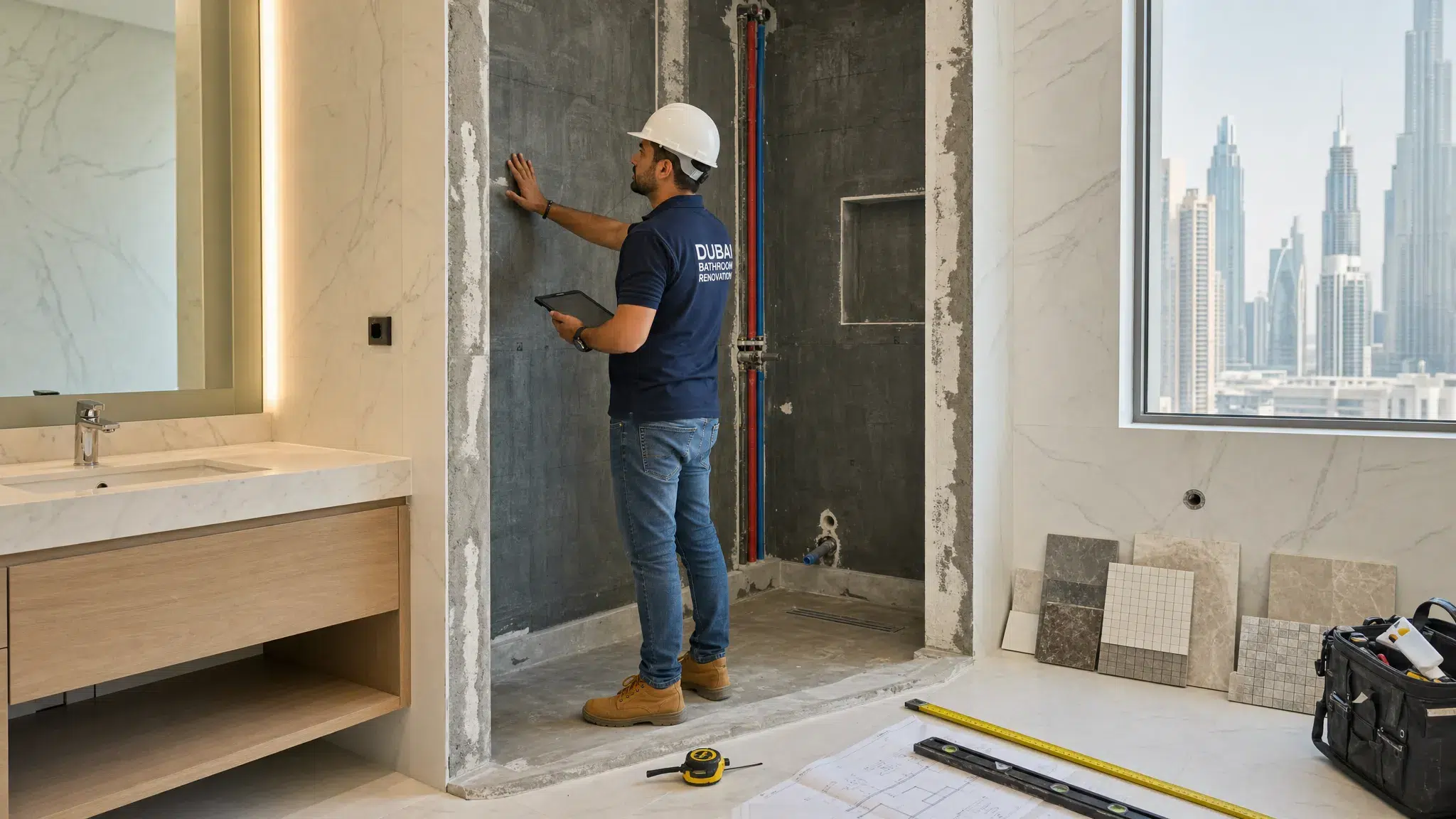 A bathroom renovation contractor inspecting waterproofed shower walls, exposed plumbing lines, tile samples, and measurement tools inside a modern Dubai bathroom under renovation, with the shower opening and vanity area both visible.