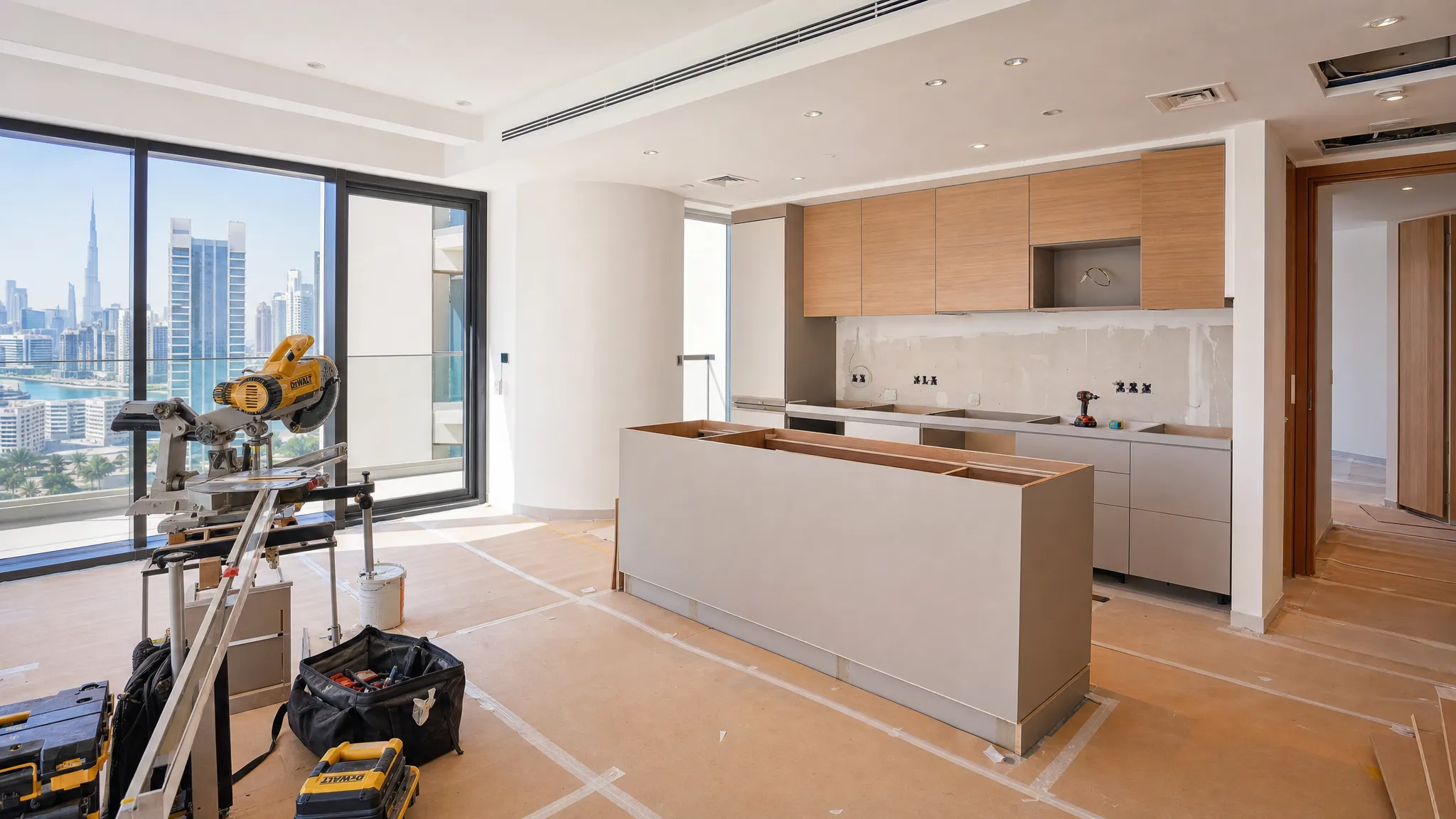 A bright Dubai apartment remodeling scene with a partially completed open kitchen, protective floor covering, neatly arranged tools, installed base cabinets, and daylight coming through large windows.