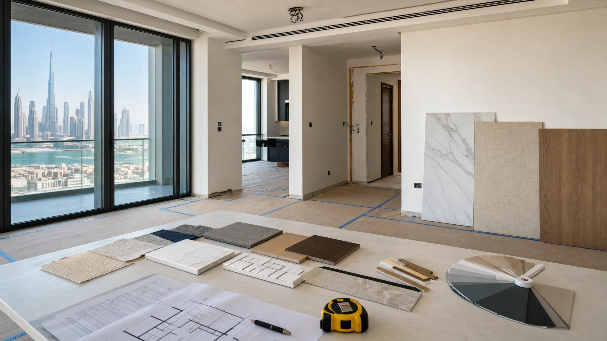 A bright Dubai home interior under renovation with neatly protected flooring, material samples arranged on a table, wall finish boards, tile samples, and a measuring tape, showing organized planning before installation begins.