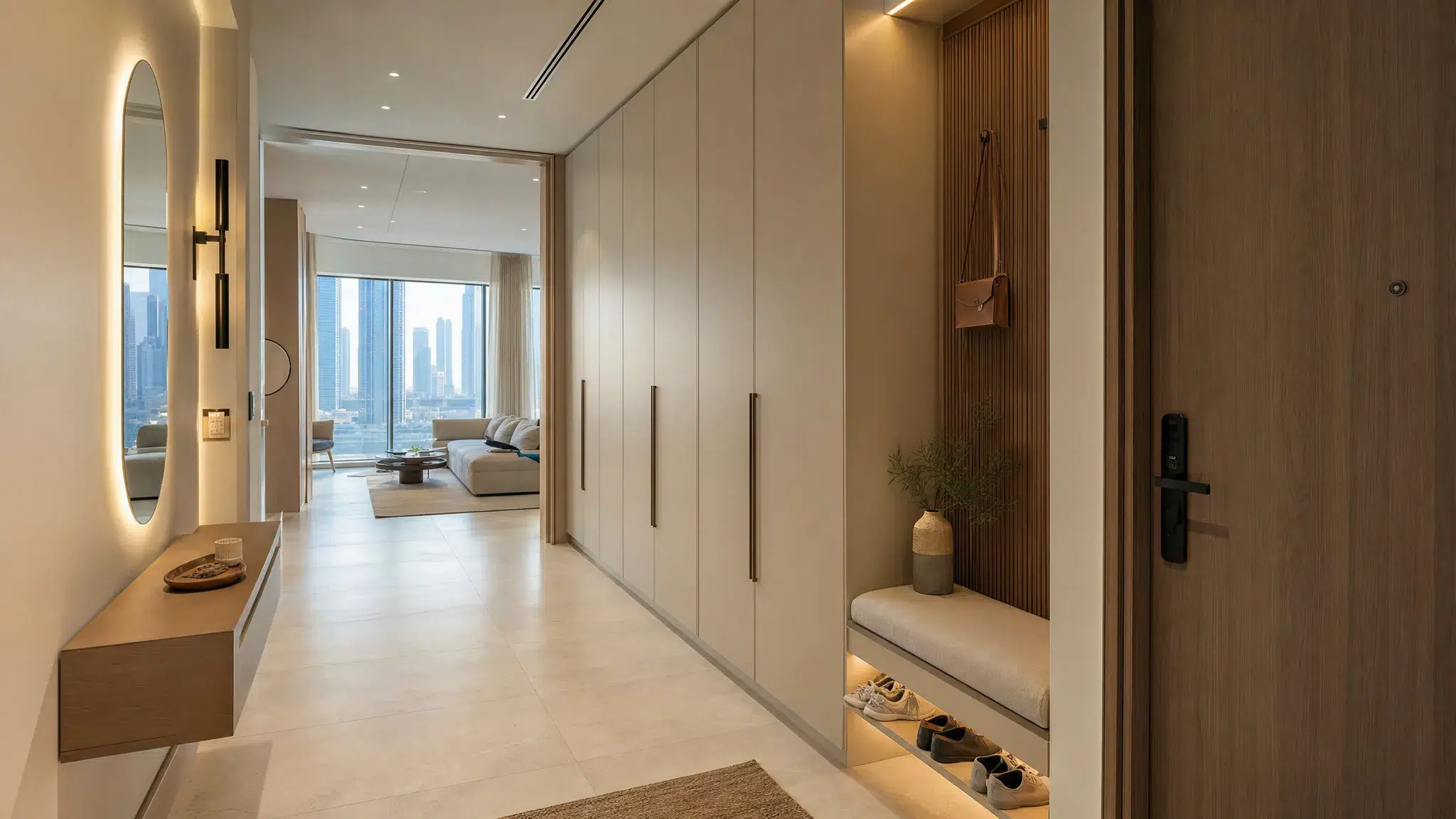 A bright modern Dubai apartment entryway with ceiling-height built-in storage, a slim bench, hidden shoe cabinets, warm wall lighting, and a clean uncluttered walkway.