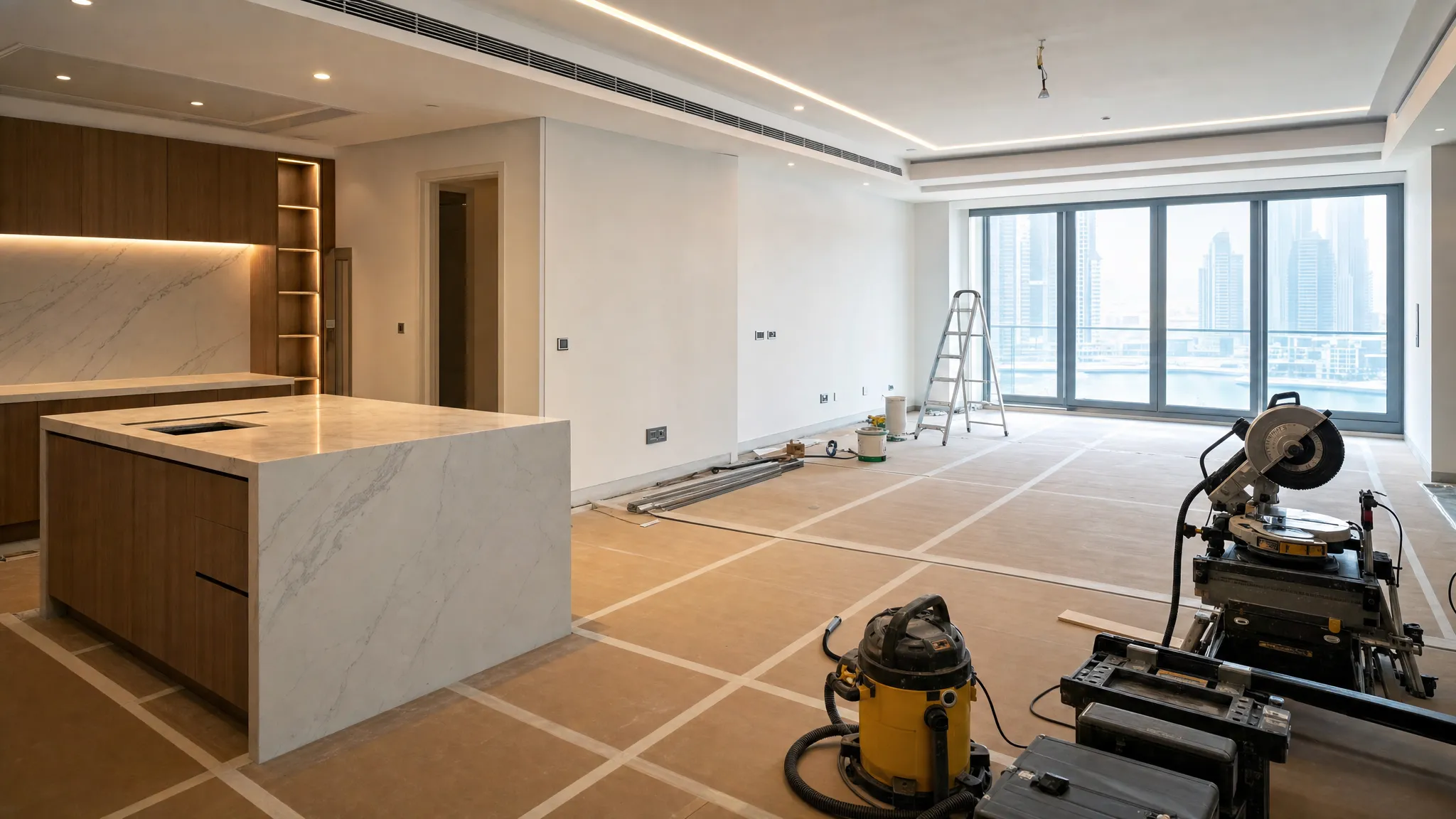 A bright modern Dubai home interior during renovation, with protected flooring, newly installed cabinetry, clean wall finishes, organized tools, and natural light entering through large windows.