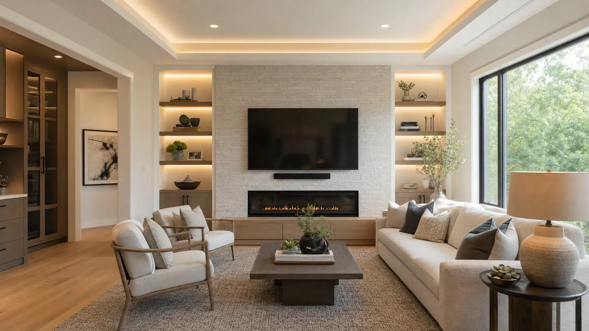 A bright remodeled living room with warm neutral walls, layered ceiling lighting, built-in storage, a textured feature wall, and large windows bringing in natural daylight.