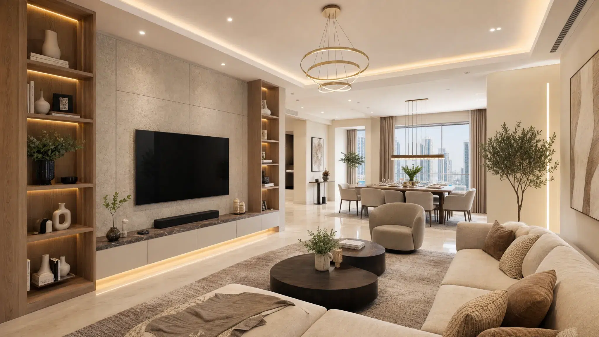 A bright renovated Dubai living room with built-in storage, warm layered lighting, a textured feature wall, neutral furniture, and an open connection to the dining area, seen from a slightly wider angle with the seating area in the foreground and the storage wall running along one side.