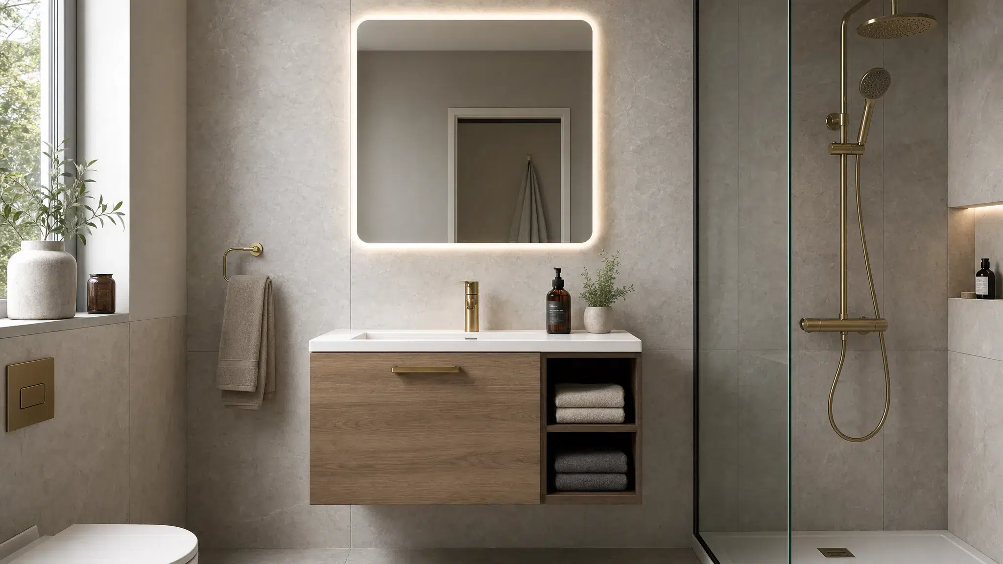 A compact bathroom vanity wall with a floating sink cabinet, a lit mirror above it, stone-look wall tiles, a glass shower screen beside it, matching metal fixtures, and folded towels on open shelving.