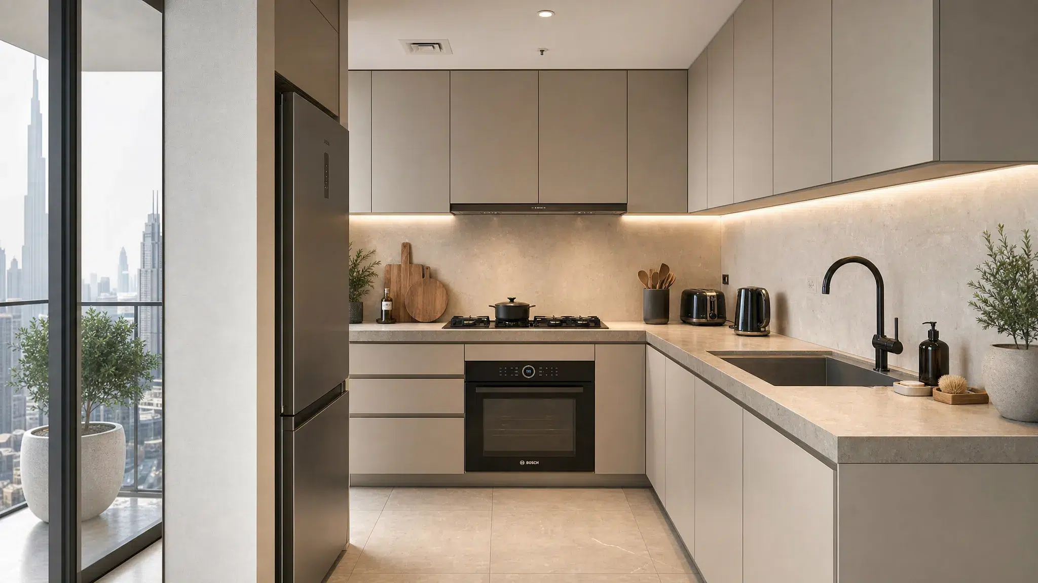 A compact Dubai apartment kitchen with handleless cabinets, a stone countertop, a slim backsplash, under-cabinet lighting, and a clear work triangle for everyday cooking.