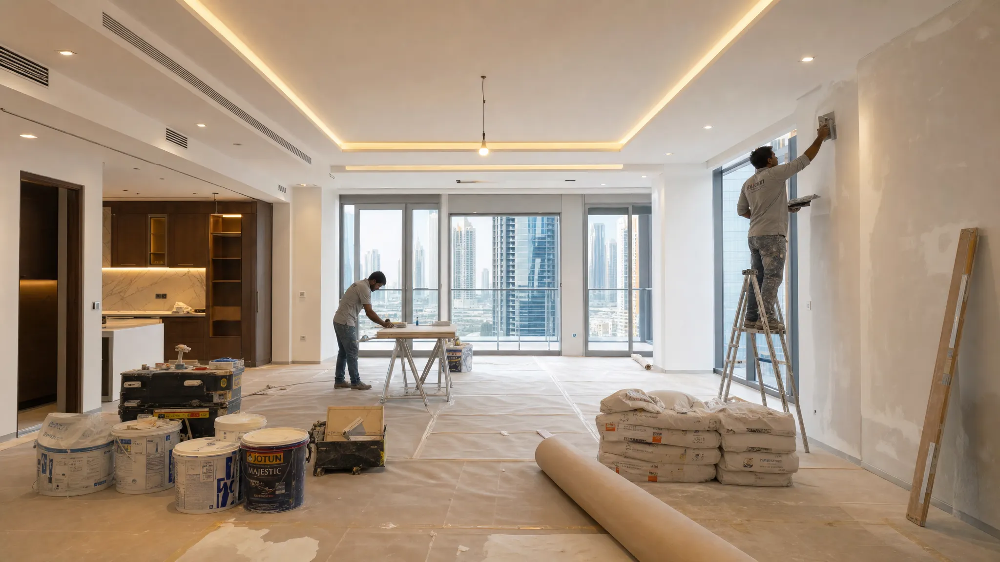 A Dubai apartment interior under renovation with covered floors, organized tools, wall finishing in progress, and workers preparing a modern open-plan living space.
