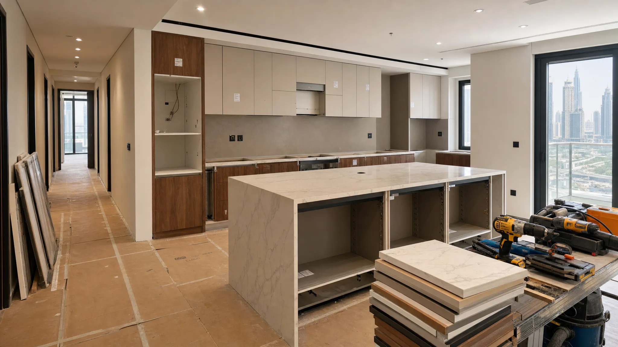 A Dubai kitchen renovation site with protective floor covering, cabinet fronts in progress, stacked material samples, and a neat work area with tools arranged to one side.