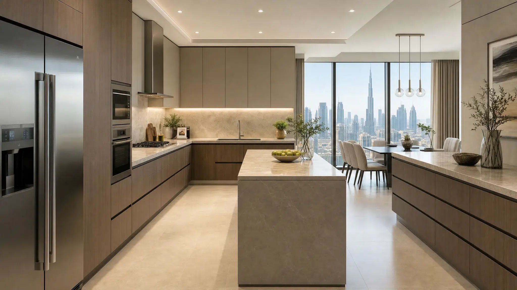 A Dubai kitchen with an L-shaped prep run, a slim island, tall storage cabinets, deep drawers, and clear walkways between the fridge, sink, cooking area, and dining space.
