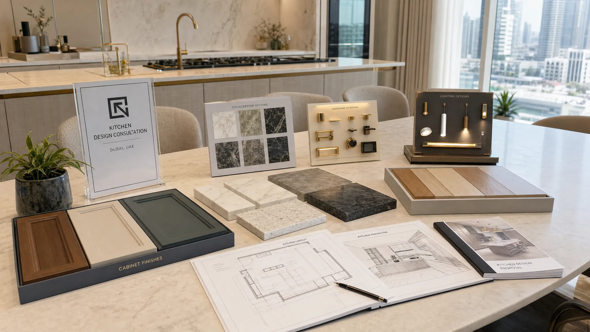 A kitchen renovation consultation table with material samples, cabinet finishes, countertop slabs, floor plans, and lighting options arranged neatly in a bright Dubai home.