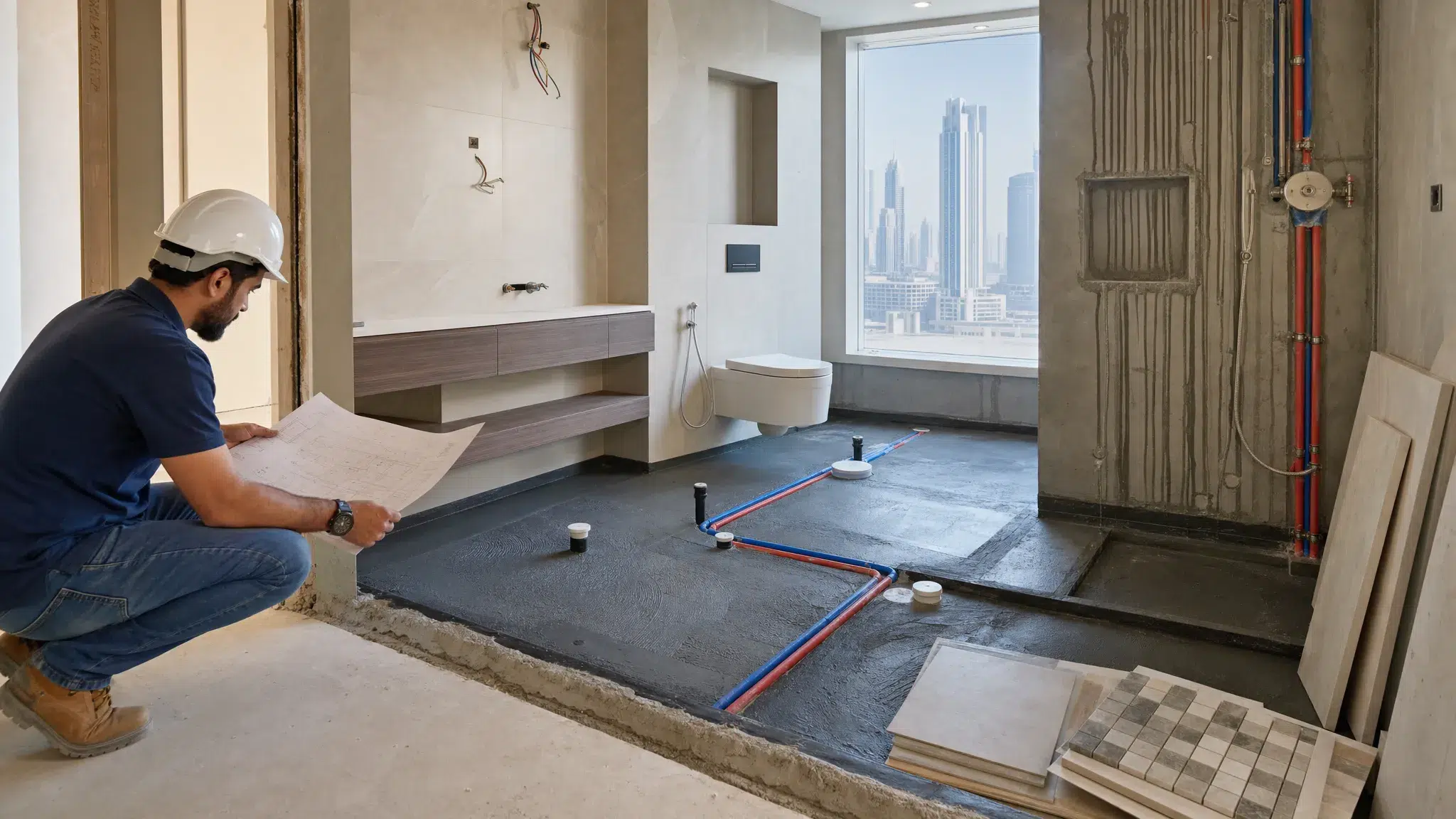 A modern Dubai bathroom under renovation, with exposed plumbing lines, waterproofing preparation on the floor, tile samples, and a contractor reviewing plans on a clean worksite.