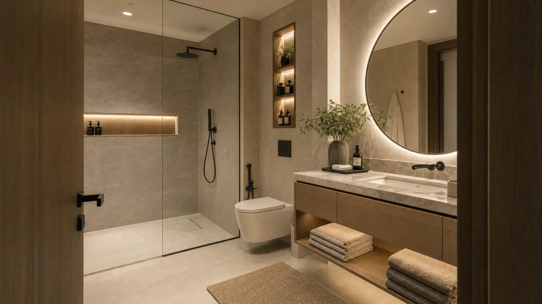A modern Dubai bathroom with a walk-in shower, stone-effect tiles, a floating vanity, warm mirror lighting, and neatly integrated storage seen from a slightly angled doorway view, for a calm spa-inspired atmosphere.