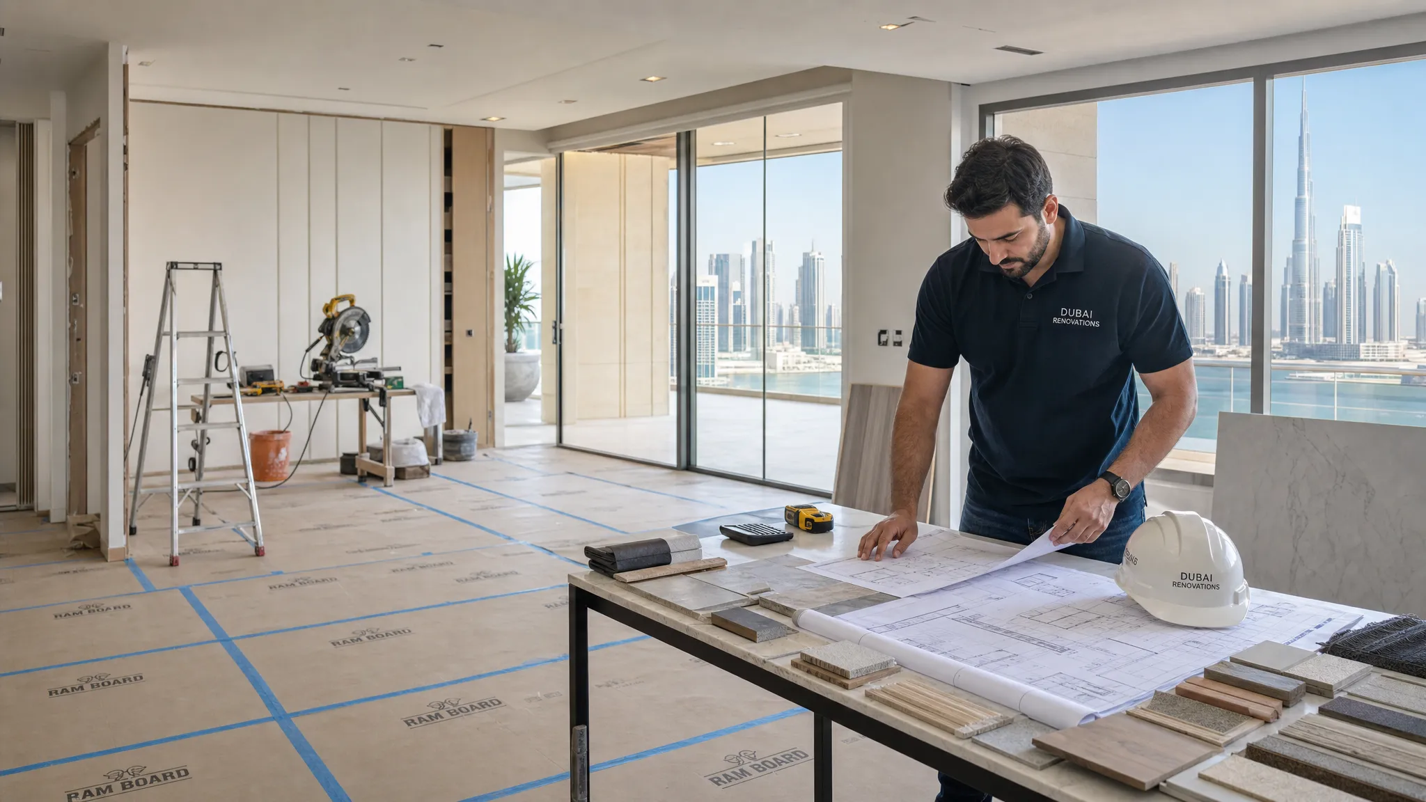 A modern Dubai home renovation site with protected flooring, organized tools, sample materials, and a contractor reviewing plans in a bright living space.