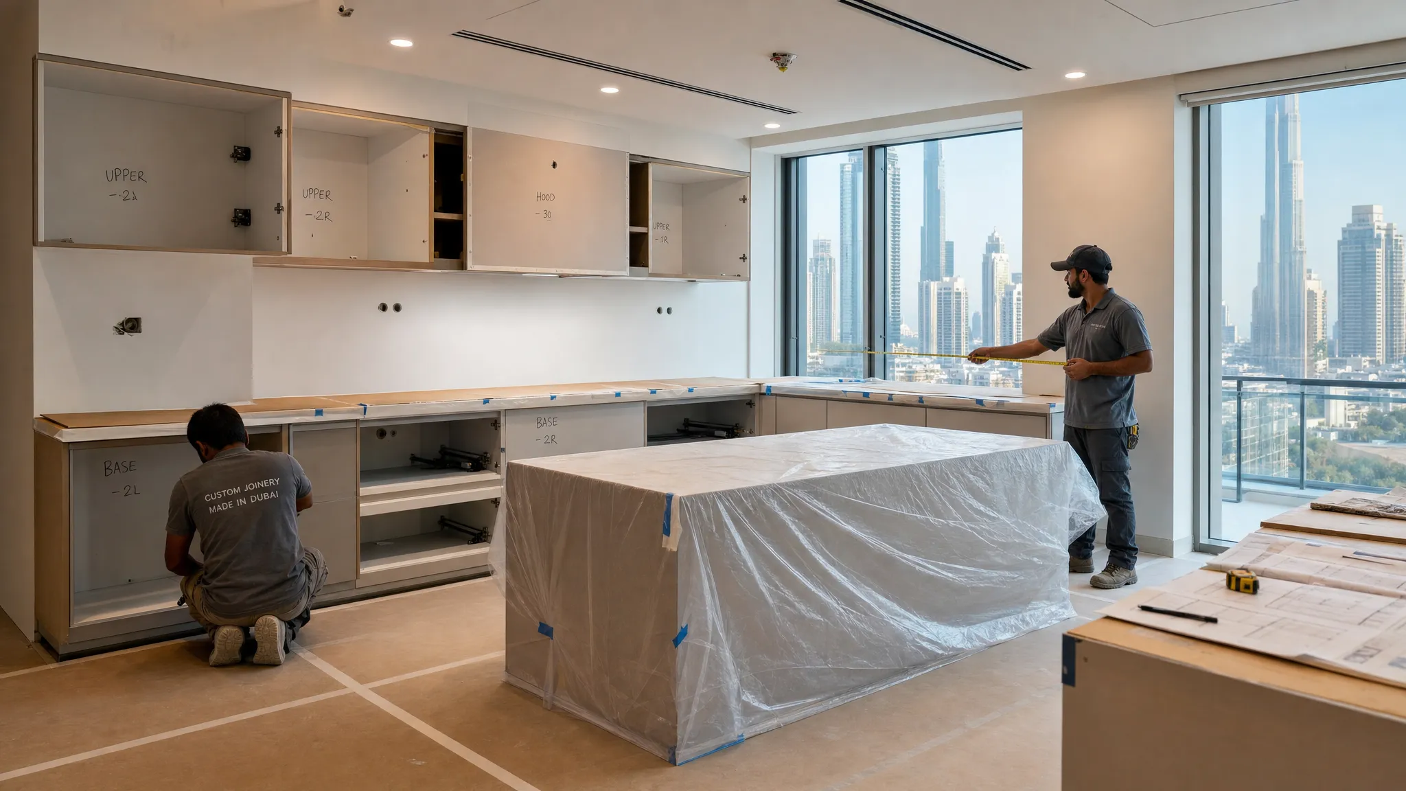 A modern Dubai kitchen renovation in progress with protected flooring, labeled cabinet boxes, covered countertops, and workers measuring the space for custom joinery.