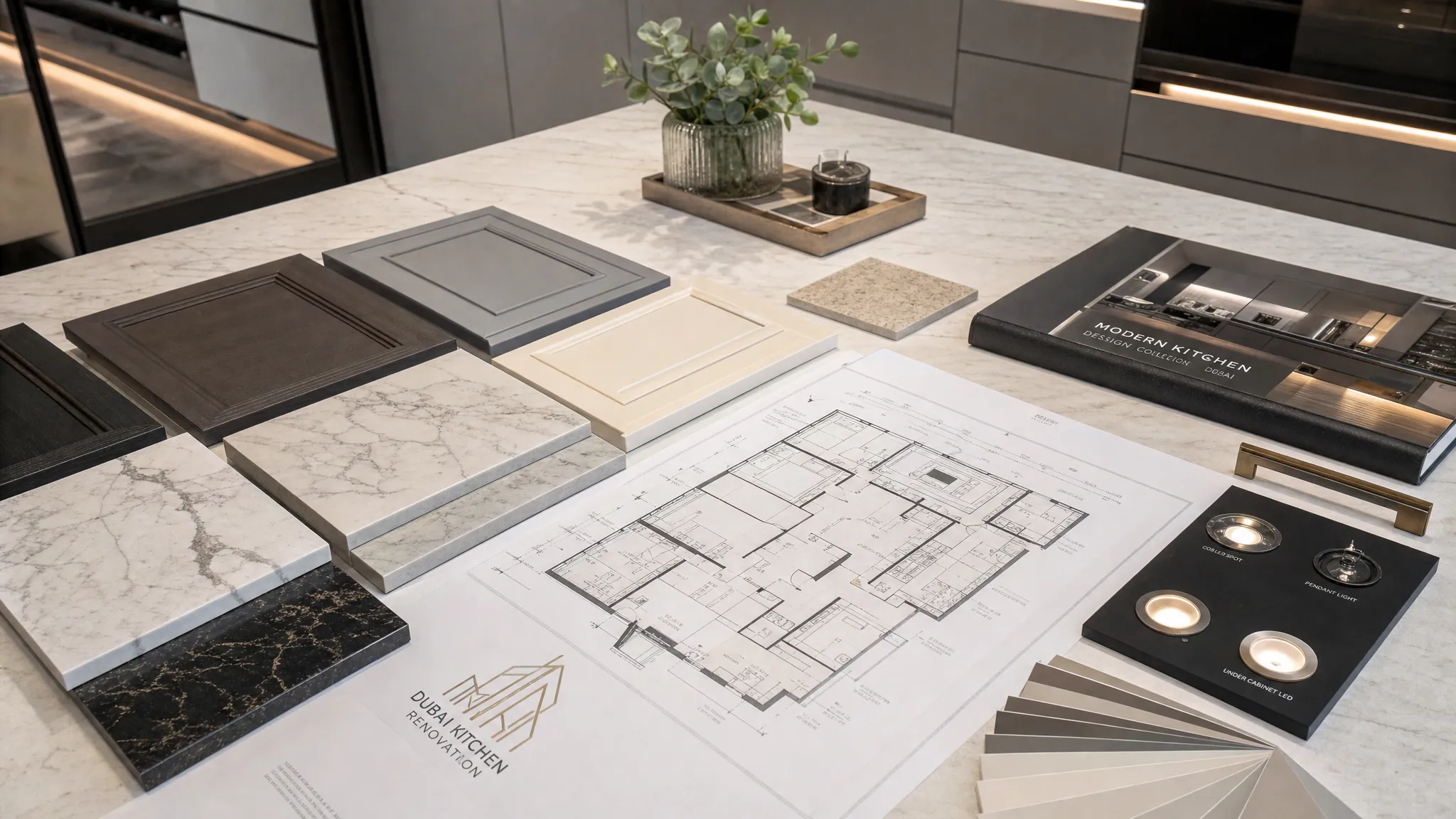 A modern Dubai kitchen renovation planning table with cabinet samples, countertop swatches, floor plans, and lighting options arranged together.