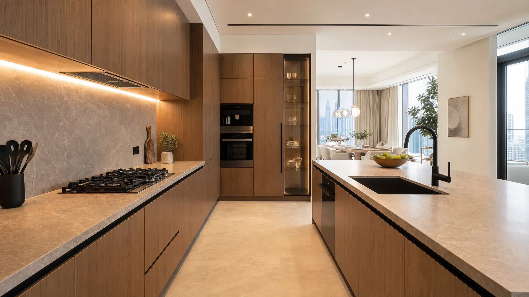 A modern Dubai kitchen with warm wood cabinetry, stone-look countertops, under-cabinet lighting, integrated appliances, and a clean open-plan layout connected to a bright dining area.