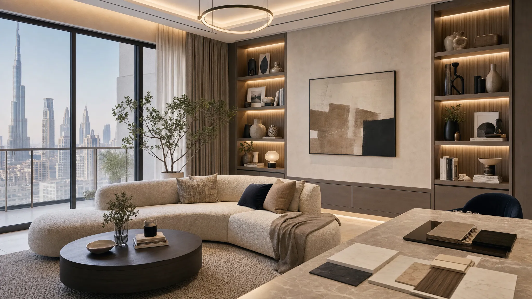 A modern Dubai living room remodel with warm neutral wall finishes, custom-looking built-in shelving, layered lighting, a comfortable sofa, and a small table with material samples arranged neatly.
