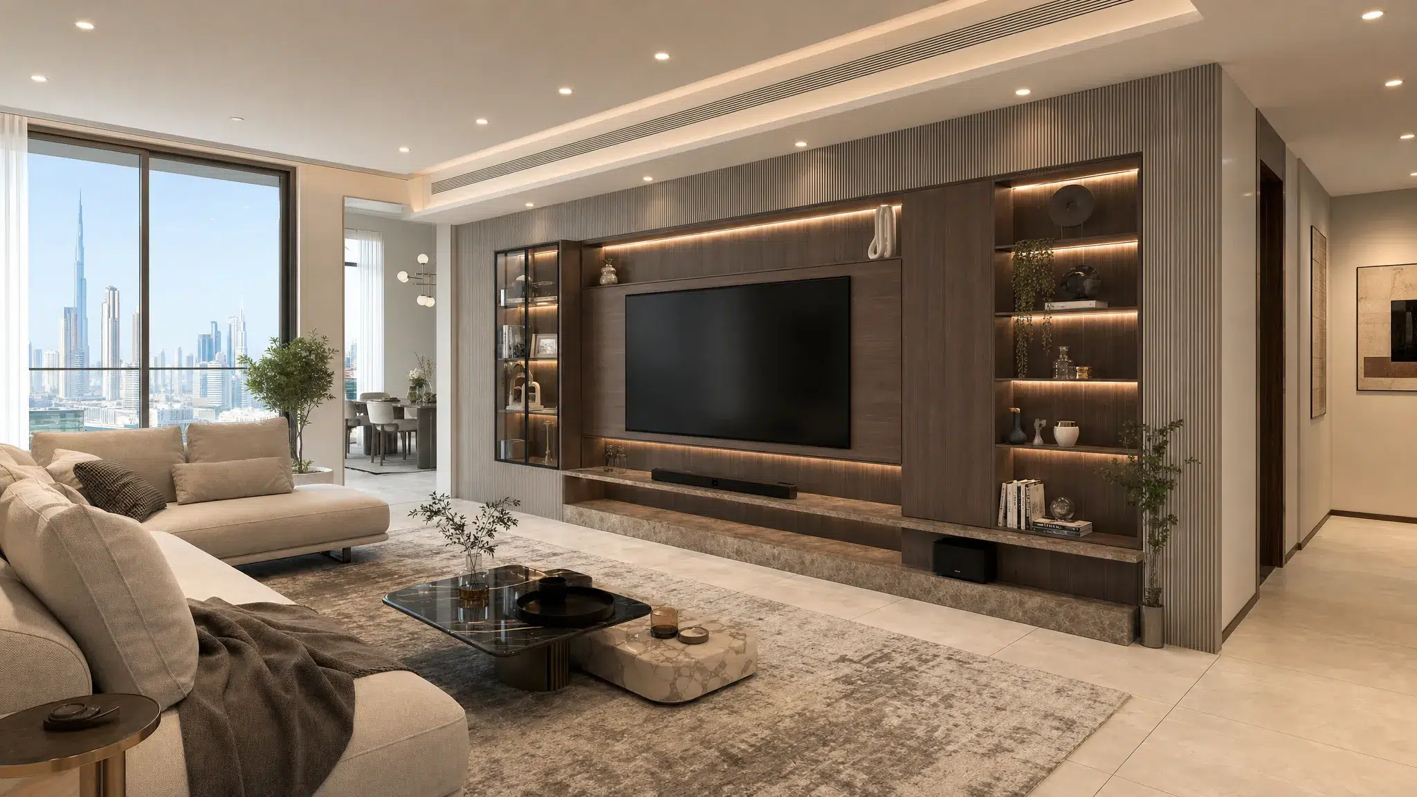 A modern Dubai living room with a custom built media wall, warm wood cabinetry, concealed lighting, textured wall panels, and neatly integrated storage around a large television, seen from a wider angle with the seating area and adjacent circulation space visible.