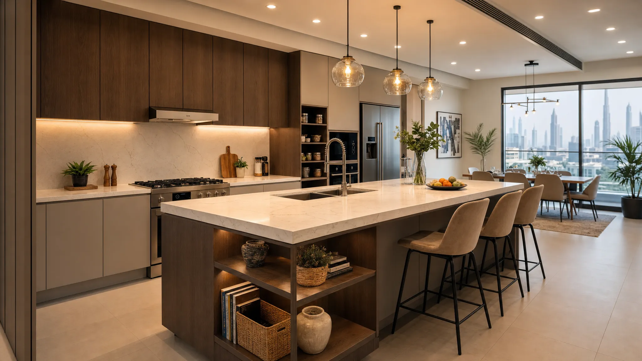 A modern renovated family kitchen in Dubai with a large island, organized storage, warm lighting, sleek cabinets, and clear countertops designed for a busy household.