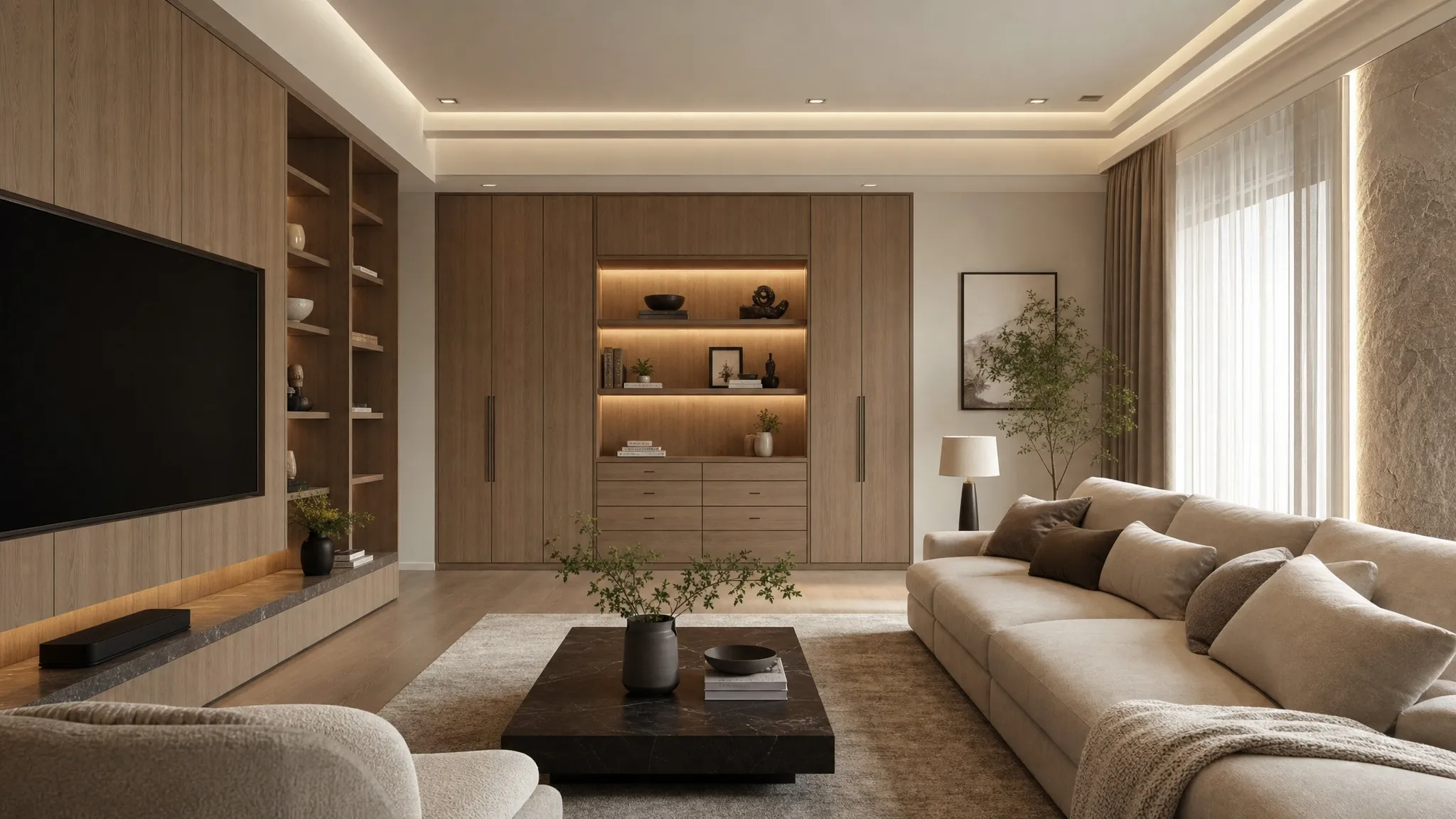 A refined modern living room with warm neutral walls, built-in wood storage, soft indirect lighting, elegant curtains, and a textured feature wall behind a low sofa, viewed from the seating area toward the storage wall.