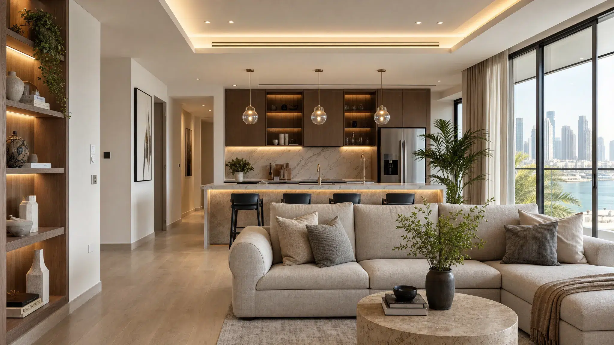 A renovated Dubai home interior with an open kitchen, warm finishes, built-in storage, layered lighting, and large windows bringing natural light into a calm modern living area.