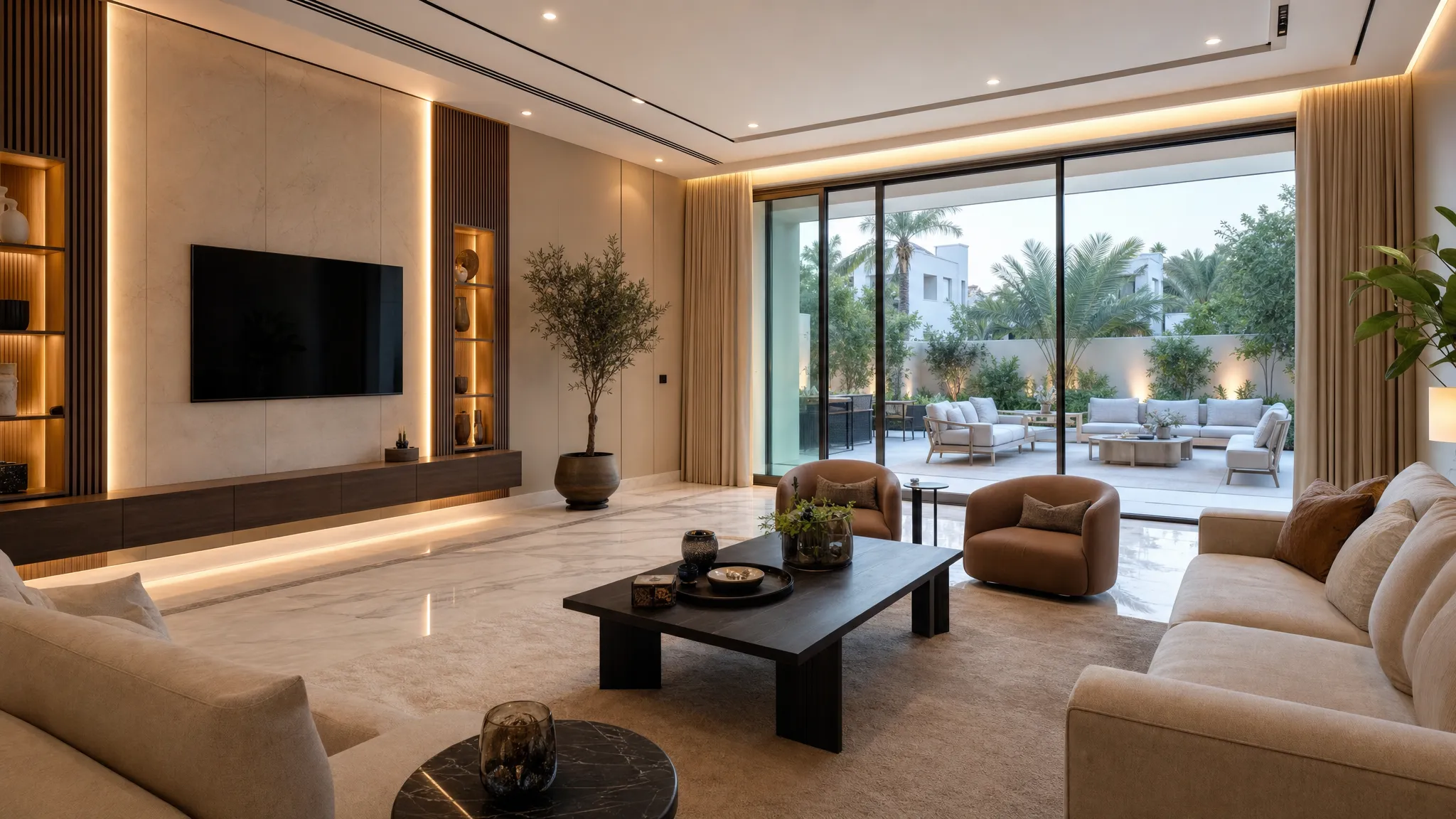 A renovated Dubai villa living room with marble flooring, custom wall panels, warm lighting, and large glass doors opening to a landscaped seating area outside. No people present.