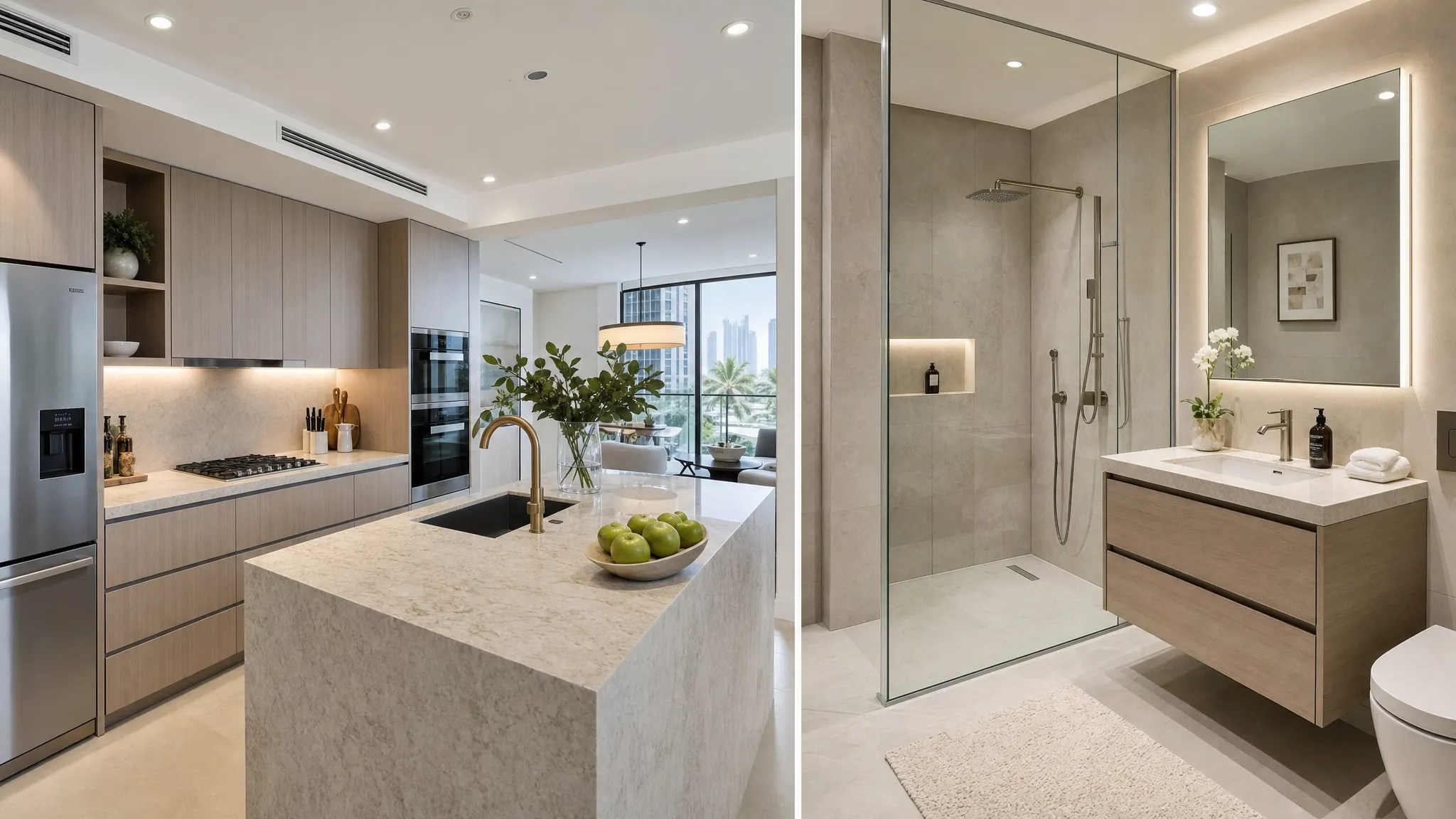 A renovated kitchen and bathroom in a Dubai home, with neutral cabinetry, stone-look counters, a walk-in shower, a floating vanity, and clean finishes that suggest strong resale appeal.