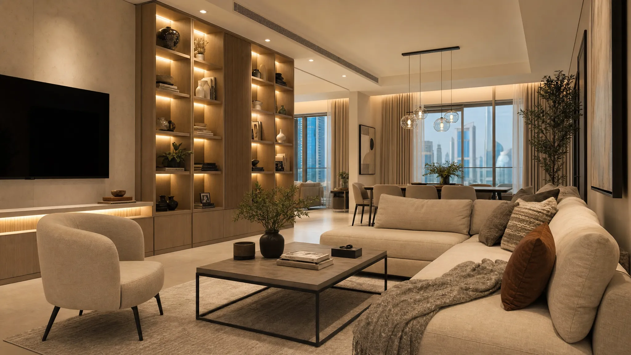 A stylish family living area in a Dubai home with custom built-in storage, warm neutral finishes, a comfortable sofa, a dining zone in the background, and soft layered lighting creating a calm modern atmosphere, shown from a slightly lower angle that emphasizes the shelving and the connection between the seating and dining spaces.