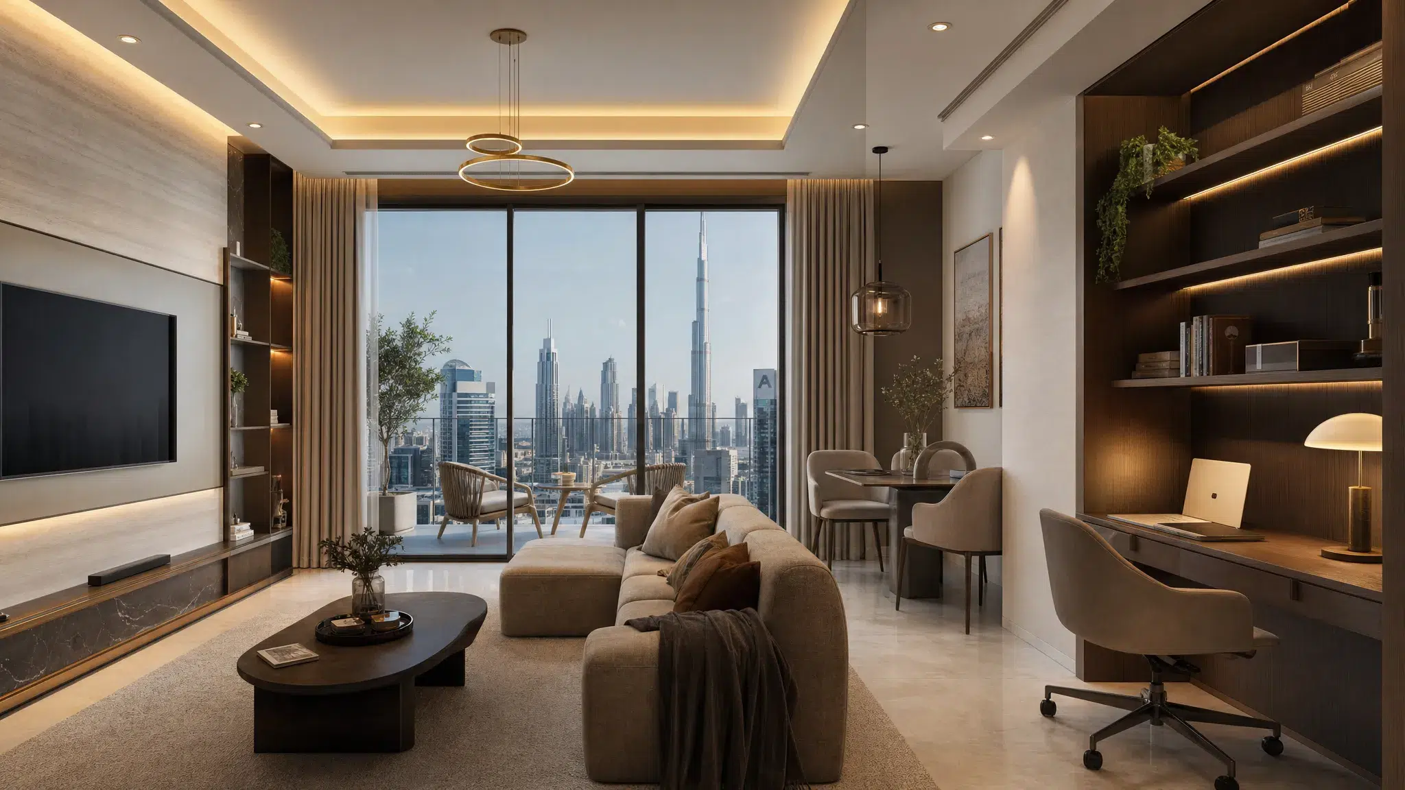Wide interior view of a modern Dubai living area with warm wall finishes, built-in joinery, layered lighting, and a compact workspace connected to the main room.