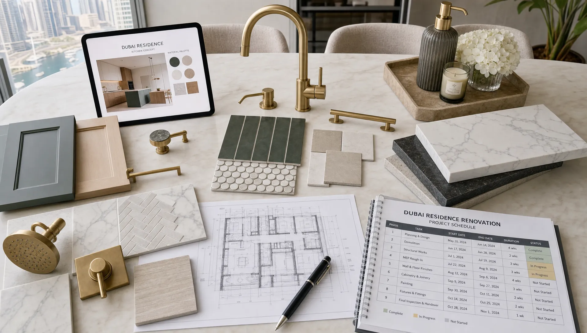 A bright Dubai renovation planning table showing kitchen cabinet samples, bathroom tile swatches, brass fixtures, stone countertop pieces, and a project schedule arranged neatly in one workspace.
