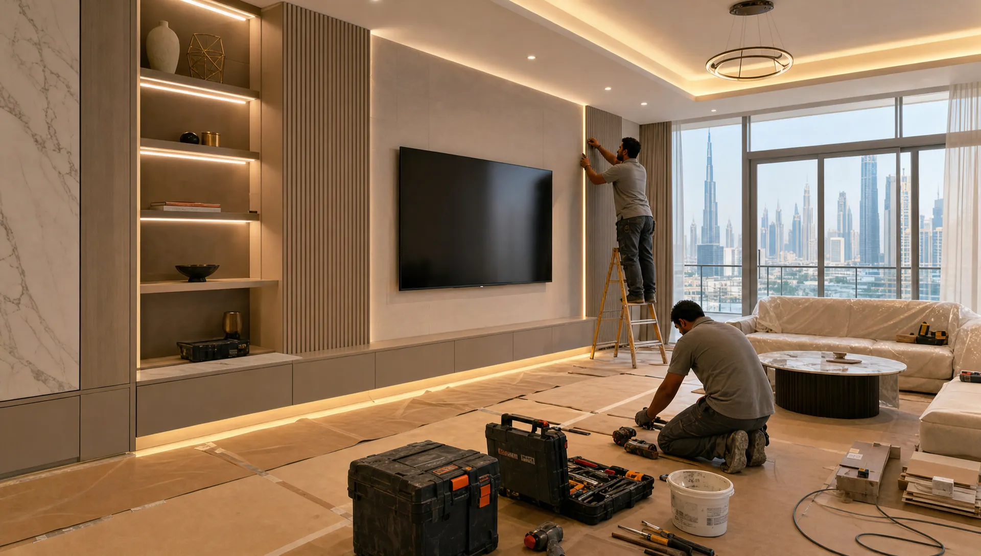 A bright modern Dubai living room in the middle of a coordinated renovation, with finished wall panels, built-in storage, warm lighting, covered flooring, and neatly arranged tools showing design and construction working together.