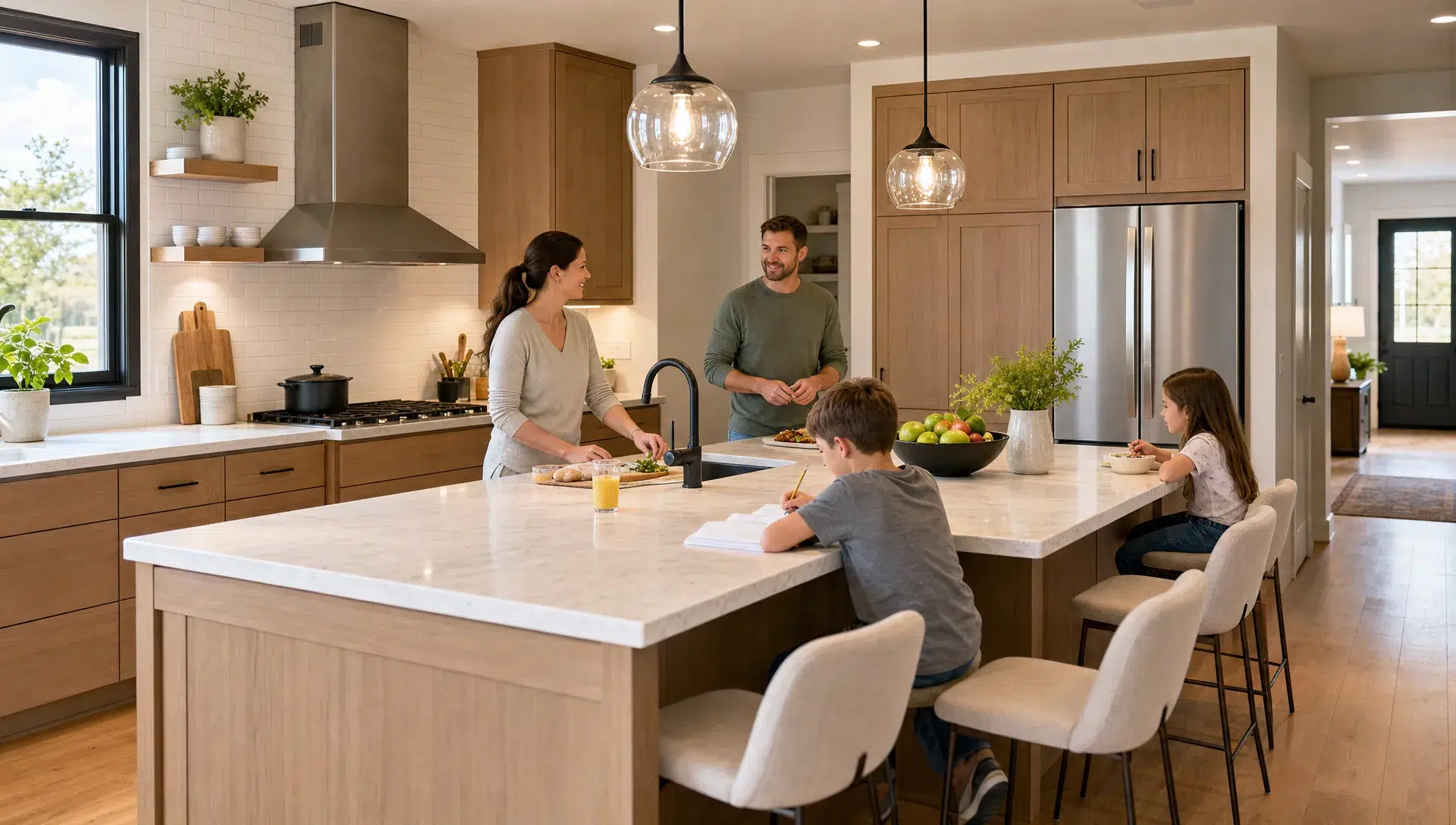 A bright modern family kitchen with a large central island, warm wood cabinetry, light stone countertops, pendant lighting, and comfortable seating for family members. The space feels organized, open, and designed for cooking, homework, and casual family meals.