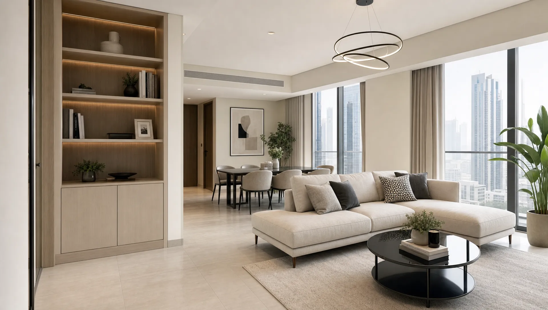 A bright remodeled Dubai apartment living area with built-in storage, open circulation, neutral finishes, and large windows that bring in natural light.