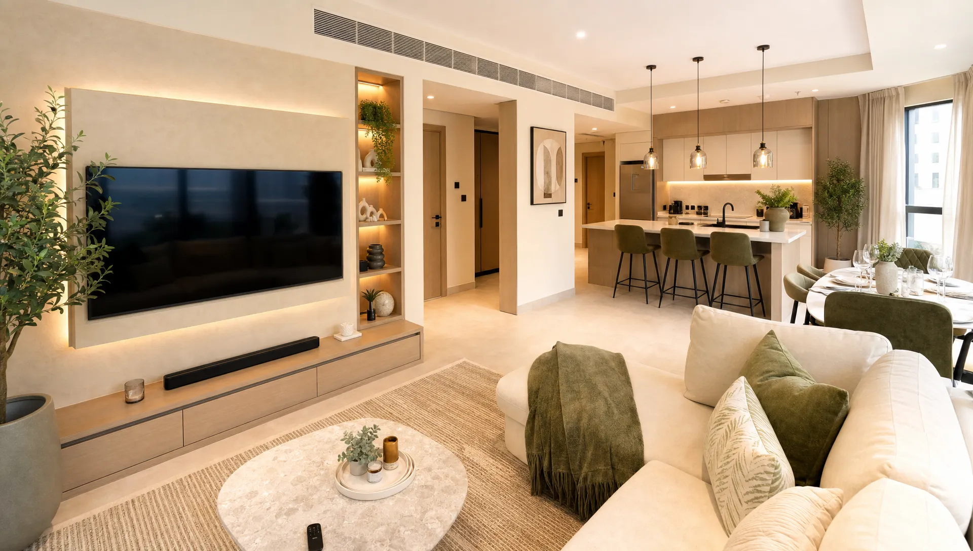 A bright renovated Dubai apartment interior with an open living area, warm wall finishes, built-in storage, soft lighting, and a modern kitchen visible in the background.