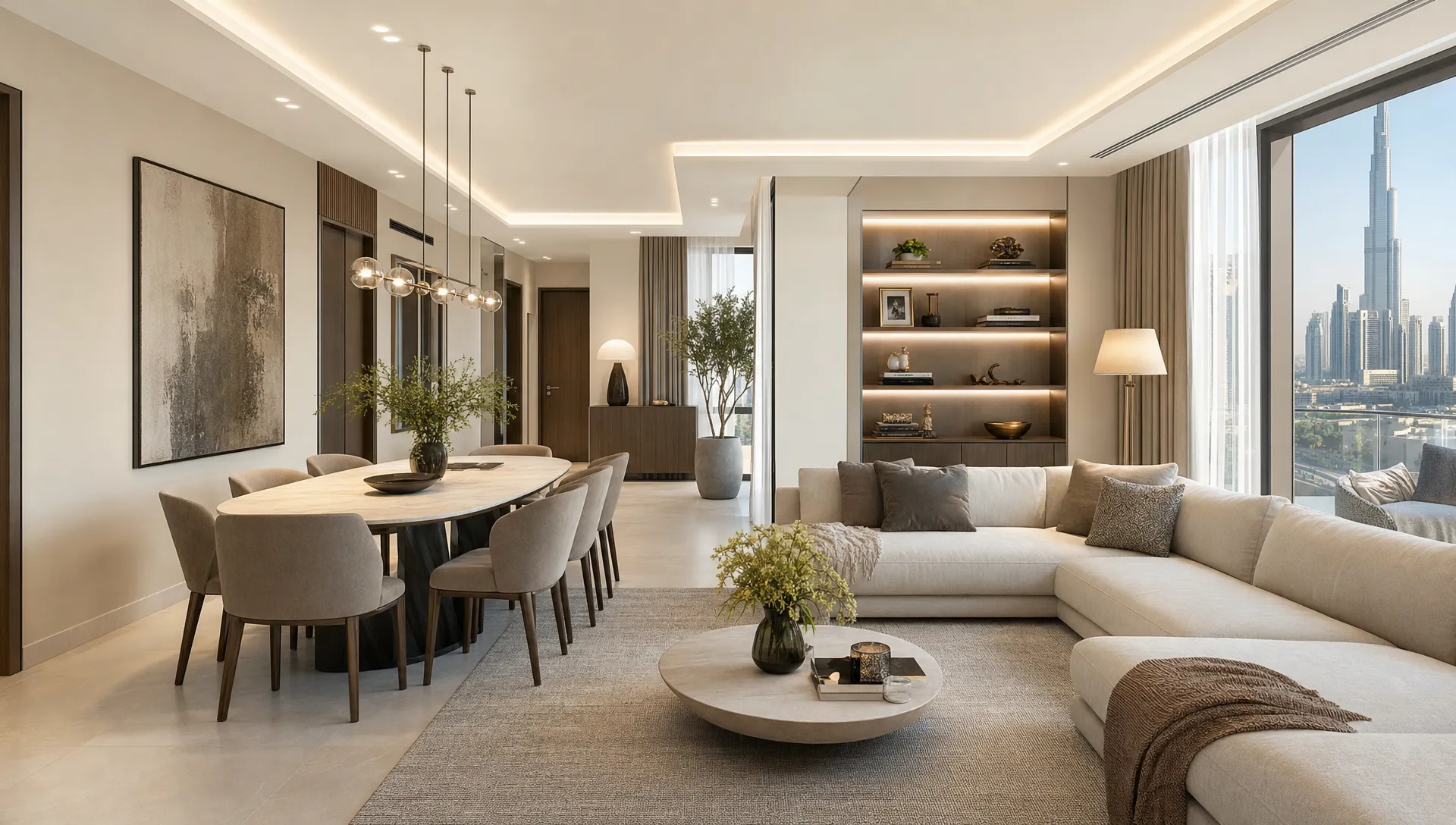 A bright renovated Dubai living and dining area with neutral walls, layered lighting, built-in storage, warm wood accents, and large windows bringing in natural light.