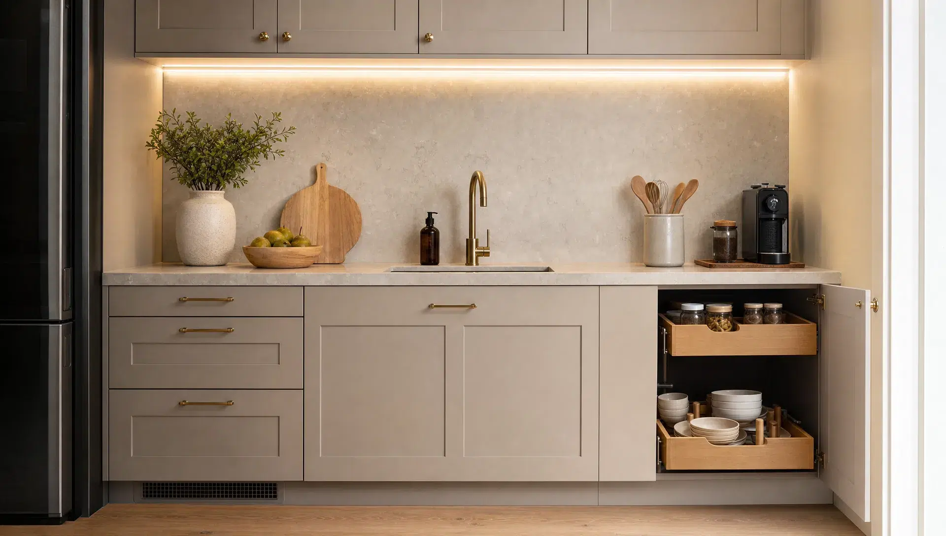 A compact kitchen counter with matte neutral cabinets, warm under-cabinet lighting, a clean stone-look backsplash, simple brass handles, and a tidy countertop with integrated storage details.