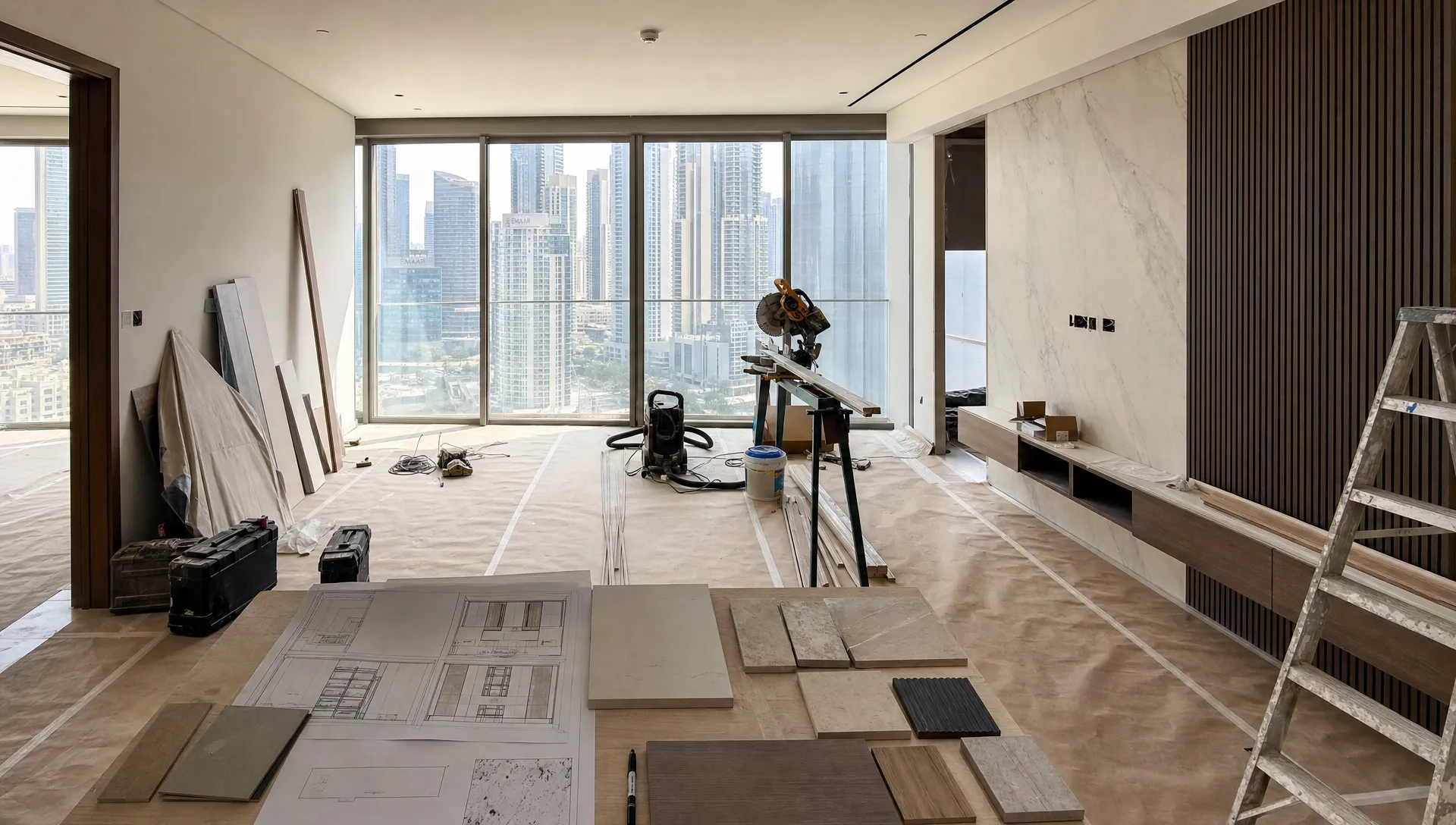A Dubai apartment living room in the middle of a renovation, with protected flooring, organized tools, sample wall finishes, cabinetry drawings on a table, and natural light entering through large windows.