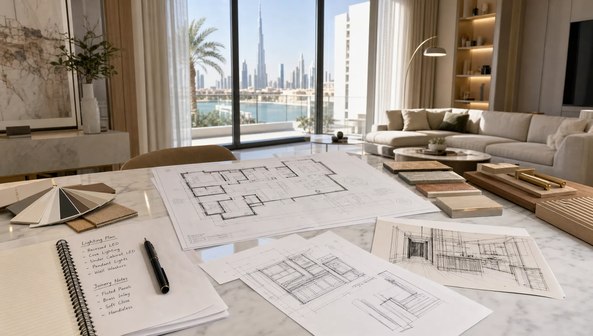 A Dubai home renovation planning scene with floor plans, material samples, paint swatches, lighting notes, and carpentry sketches spread across a table beside a bright living space.