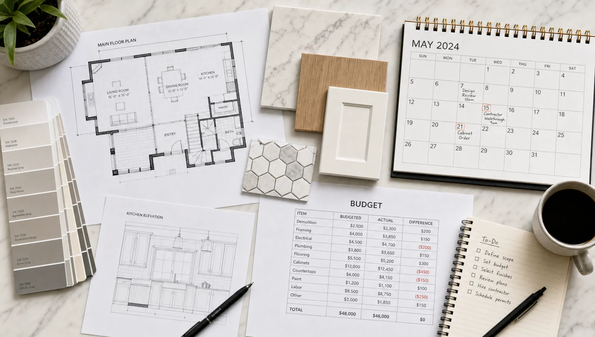 A home renovation planning table with floor plans, material samples, a calendar, and a marked budget sheet arranged neatly for a remodeling project, viewed from above on a clean work surface.